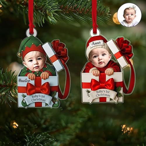 Miniatura 16 de DILYPOD Adorno personalizado para la primera Navidad del bebé 2025-1er adorno de Navidad con texto fotográfico, adornos de Navidad personalizados