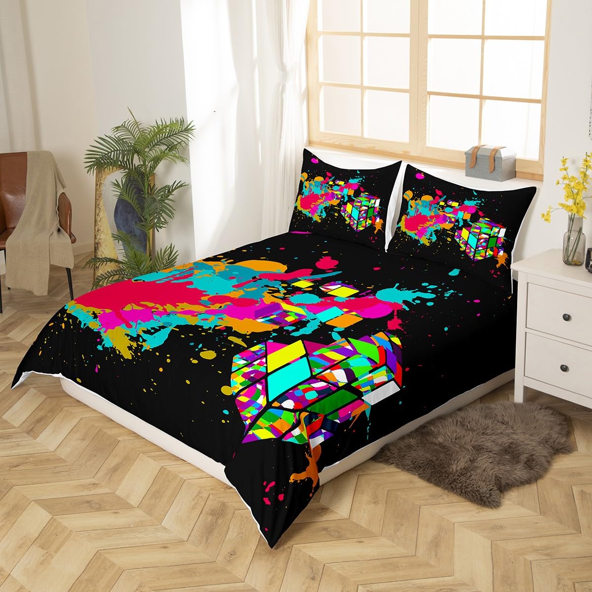 feelingyou Watercolor Graffiti Duvet Cover Double, Tie Dye Colorful Rubik Pattern Bedding Set - Image 2