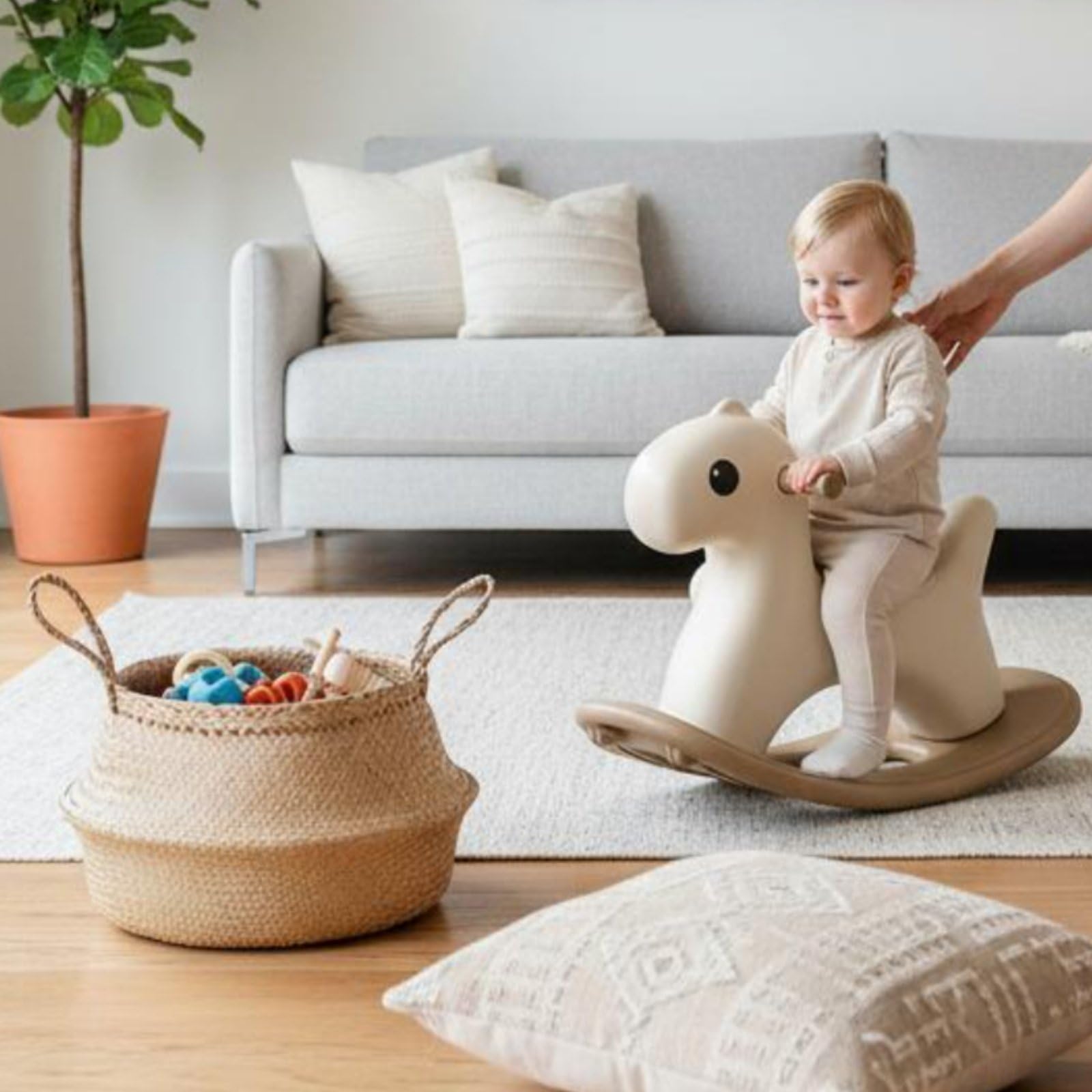 Schaukelpferd kippsicher Kleinkind Schaukelpferd rutschfeste Griffe stabiles Wipppferd für Kinderzimmer, Beige Camel, Mit Streifen