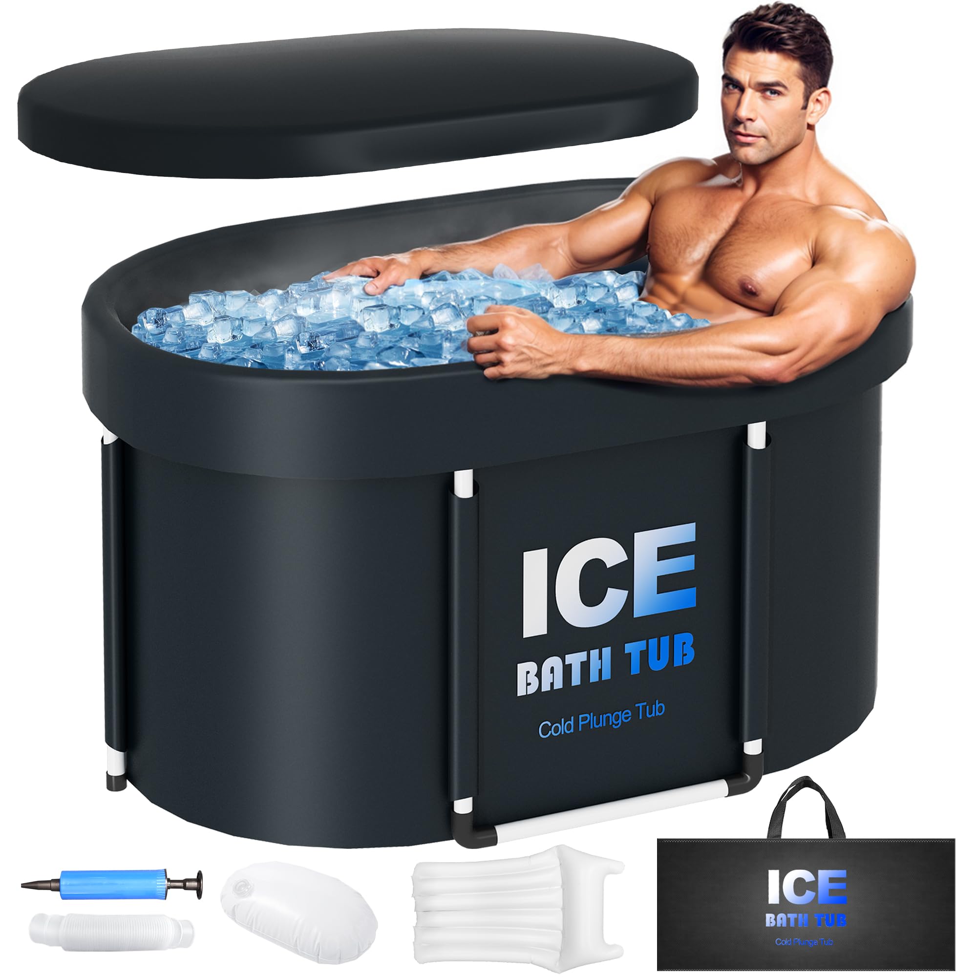 Oval Ice Bath Tub for Athletes with Cover, 130 Gal Capacity Portable Cold Plunge Tub for Recovery and Cold Water Therapy, Ice Baths for Home, Gym, Indoor, Outdoor Use