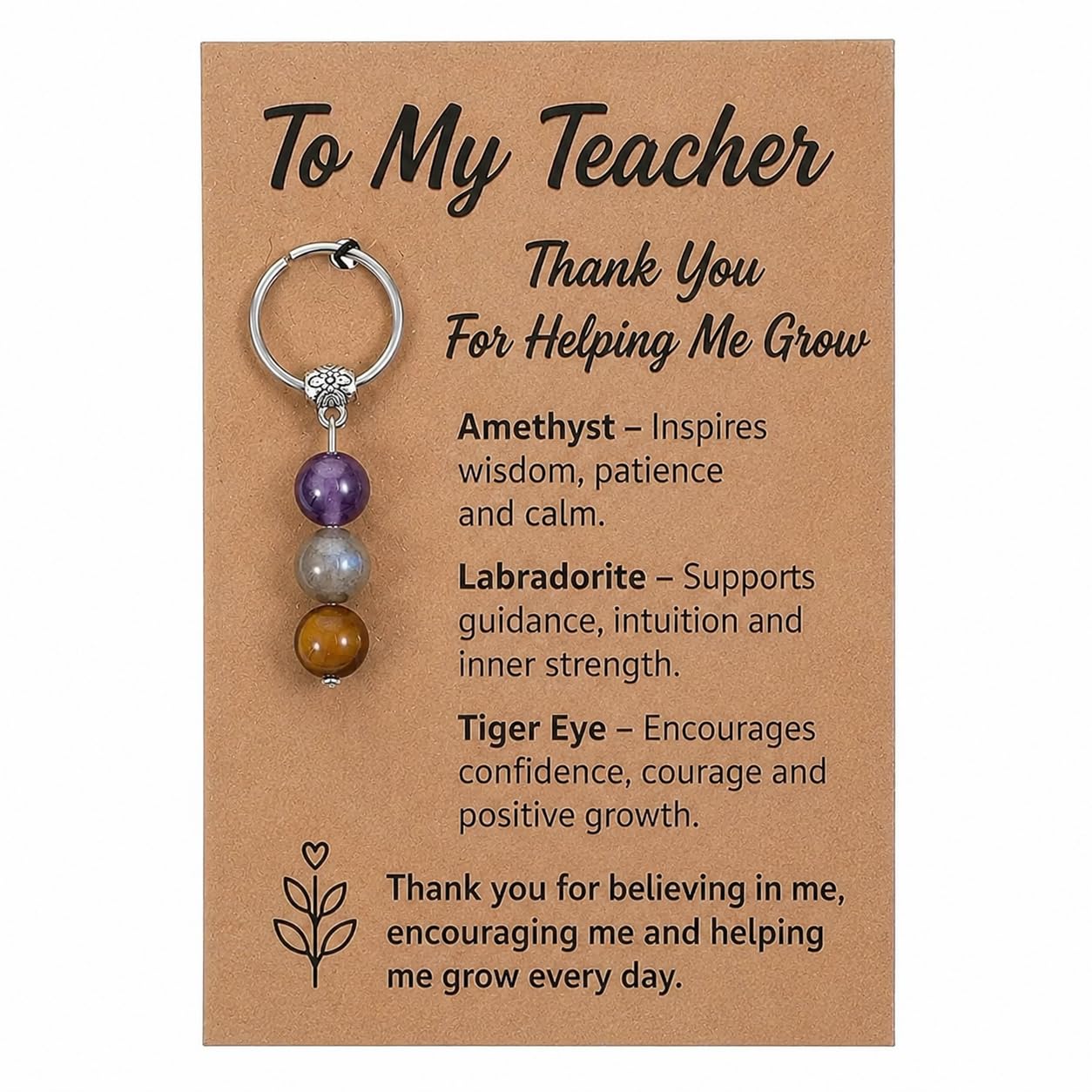 Virelle Teacher Keyring Thank You for Helping Me Grow Gift, Natural Amethyst Labradorite Tiger Eye Keychain, Teacher Appreciation Gifts for Women Men