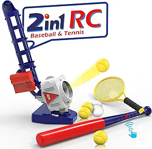 iPlay, iLearn Kids 2 in 1 RC Baseball & Tennis Pitching Machine, Automatic Pitcher Ball Launcher W/Bat, Outdoor Sports Games, Outside Backyard Toys Set, Birthday Gifts 5 6 7 8 12 Year Old Boys Youth