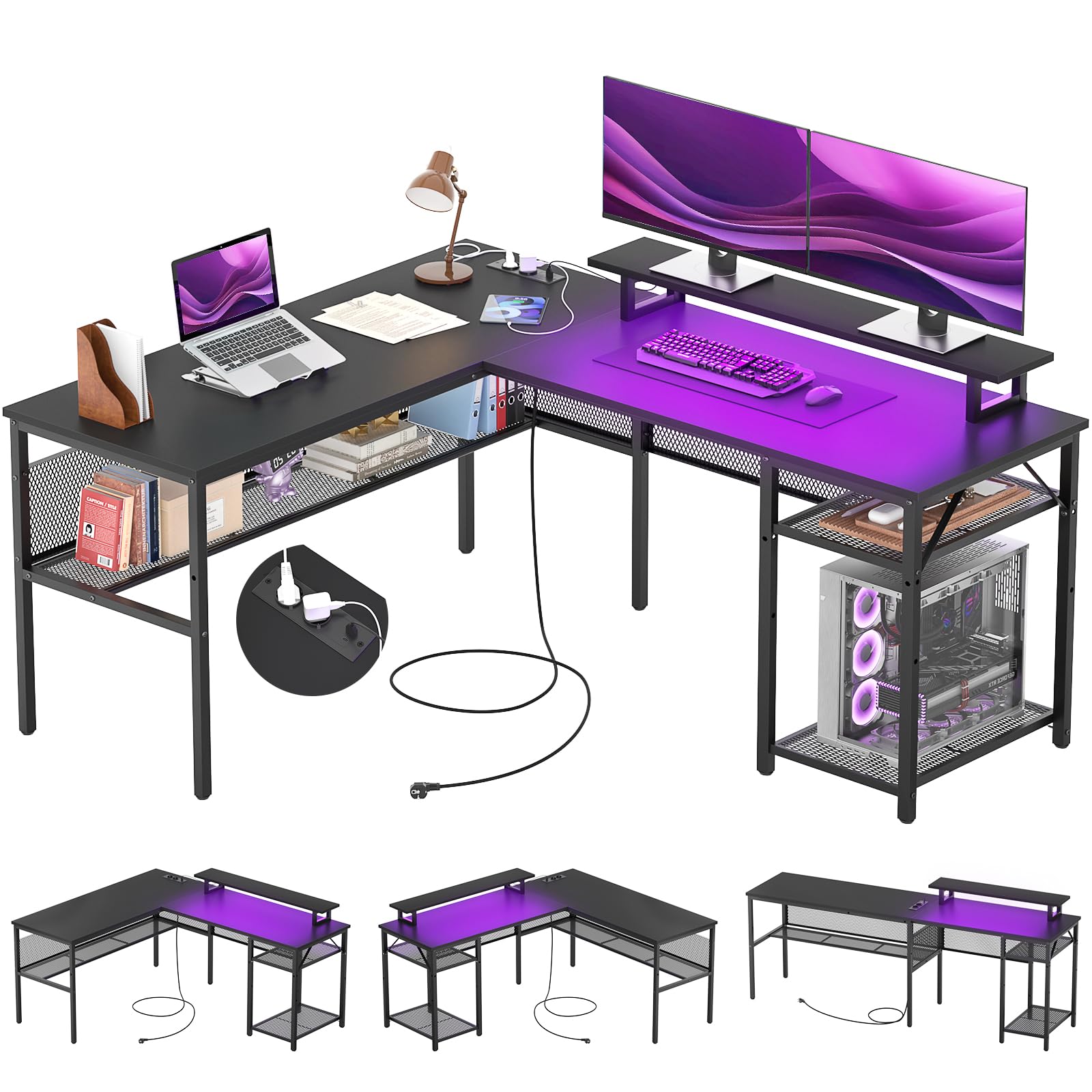 iSunirm L-förmiger Gaming-Schreibtisch, 141x117x76 cm, Computertisch mit Ablagefach, Büroschreibtisch mit umkehrbarem Ecktisch für Studium, Spielen, Homeoffice,Schwarz