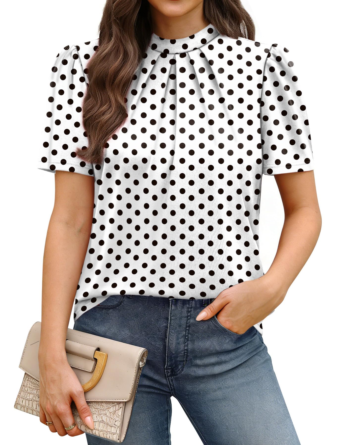 WIHOLL Womens Tops Short Puff Sleeve Shirts Mock Neck Pleated Spring Blouses Dressy Casual Business Casual Summer Outfits — view 7