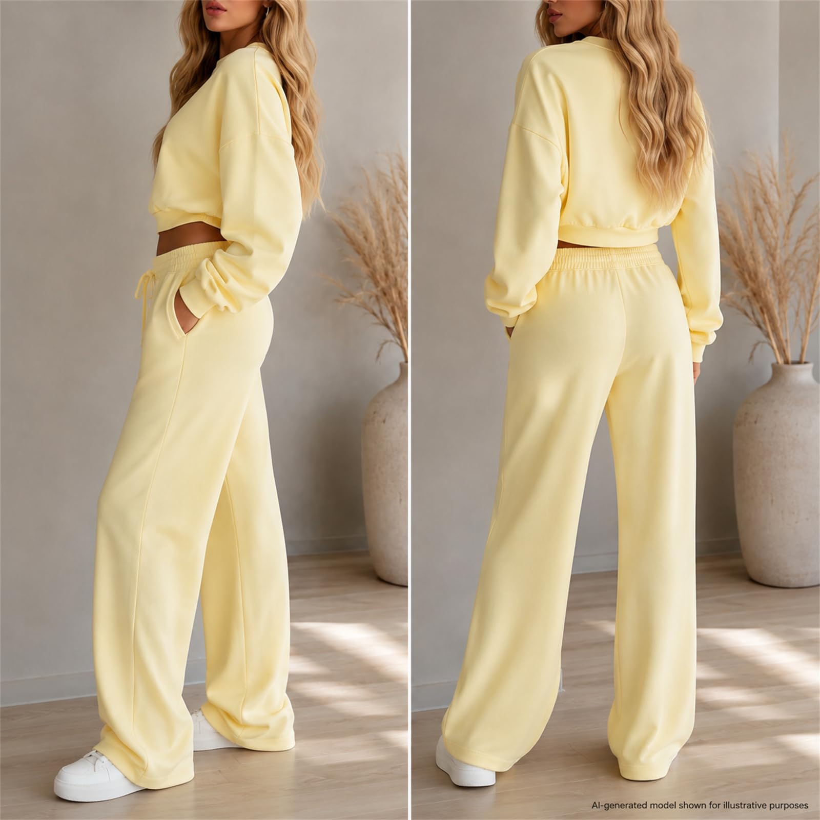 Damski zestaw 2 sztuk bluza Crop Pulower Luźne szerokie spodnie | Wygodny zestaw z krótką bluzą i szerokimi spodniami, idealny do podróży, relaksu i swobodnego stylu