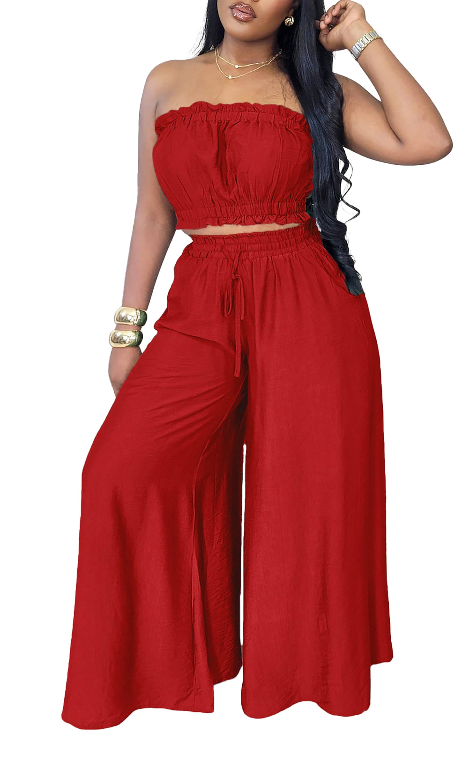 Two Piece Sets for Women Summer Outfits Crop Tops and Wide Leg Pants Sets Sexy Jumpsuits Vacation Outfits with Pockets