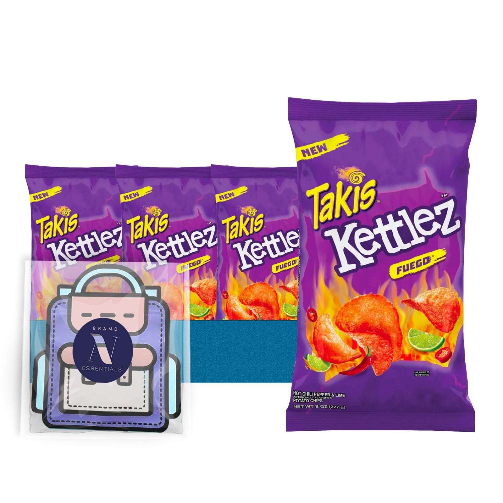 TakisLavinia Essentials Bundle: 4-Pack of Kettlez Fuego Sharing Size Bag, Hot Chili Pepper Rolled Tortilla Chips 9.9 oz Bag + 1 Utility Prop