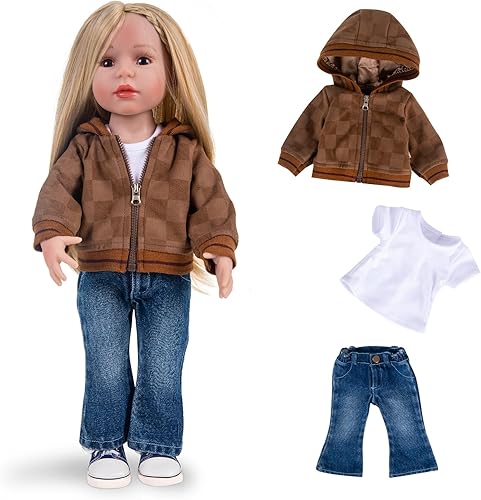 Conjunto de ropa de muñeca de 3 piezas Conjunto de ropa Mocha Coat Blue Jeans & White T-Shirt Baby Doll Ropa Traje (sin muñeca y zapatos) 030