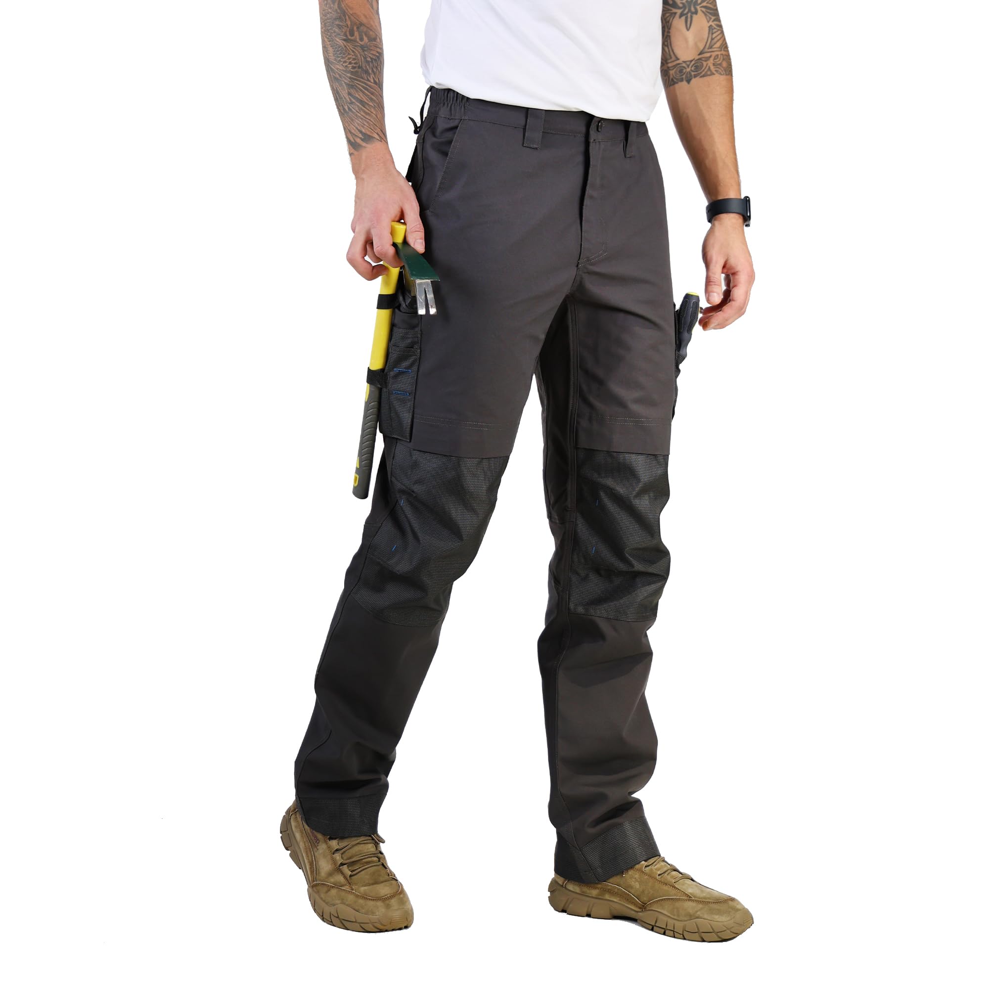 CALECARPEN Men's Work Utility Pants Construction, Relaxed Fit Stretch Flex, Double Knee, Cargo Carpenter Canvas Duck