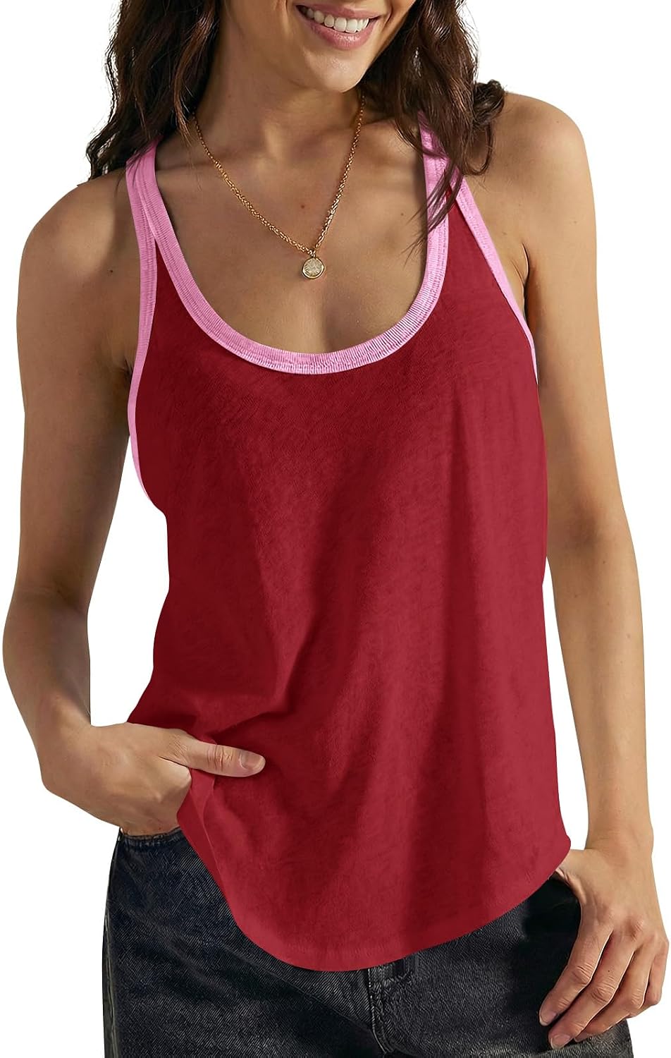 Fisoew Womens Workout Racerback Tank Tops Summer Crew Neck Tunics Loose Sleeveless Color Block Curved Hem Athletic Shirts