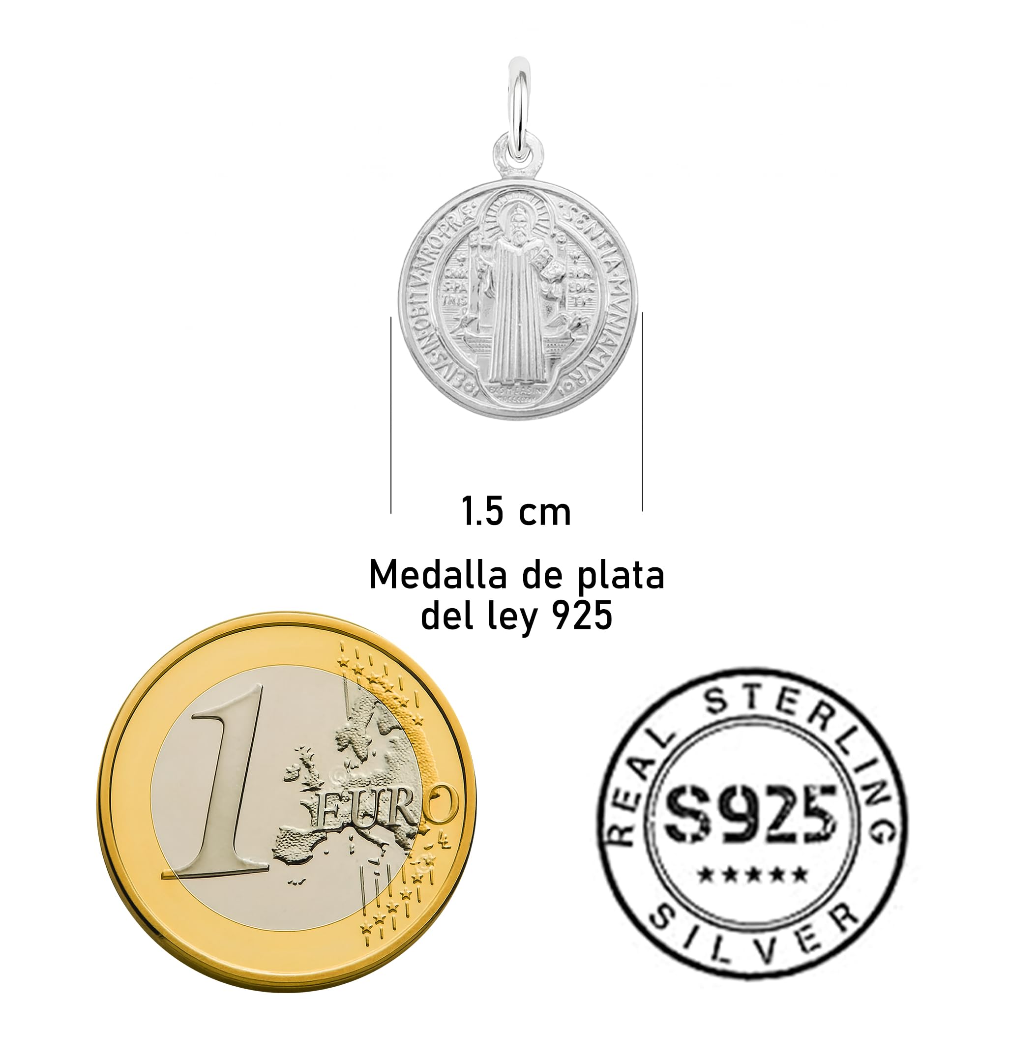 Only faith Colgante Medalla de San Benito en Plata de Ley 925, Colgante con Cruz de Poder, 1,5 cm y 2 cm