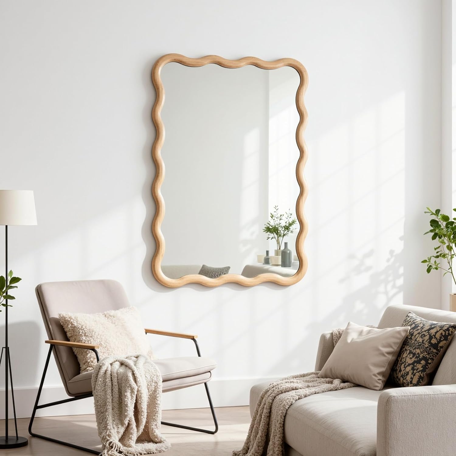 Bathroom Mirror for Wall,24x36 inch Large Irregular Wavy Wood Modern Boho Vanity Farmhouse Mirrors for Bedroom Living Room Entryway Hallway Fireplace