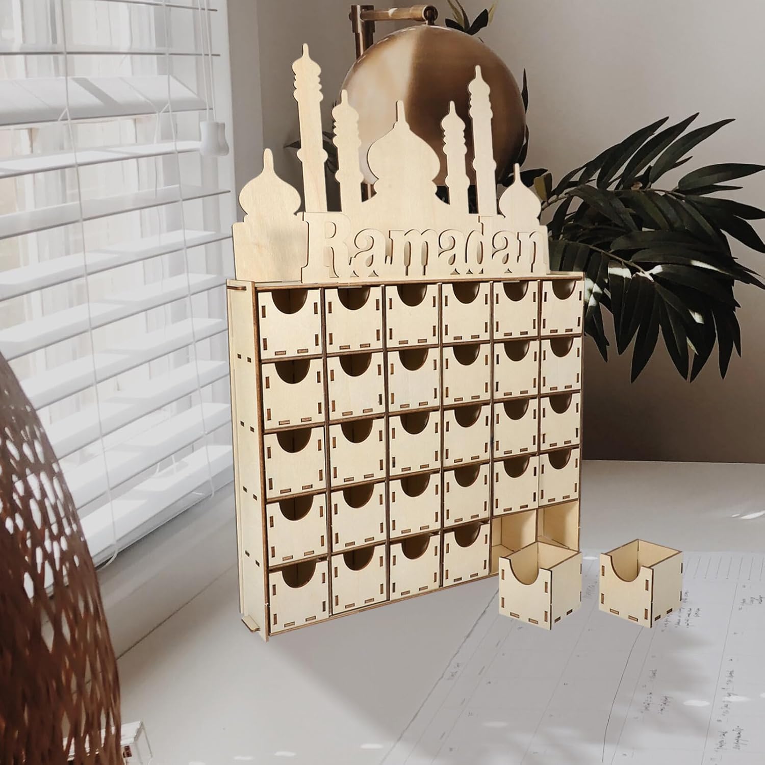 VOSAREA Wooden Advent Calendar for Ramadan Eid Mubarak Table Decor Calendar for Home Decoration Wood Craft for Holiday Celebrations