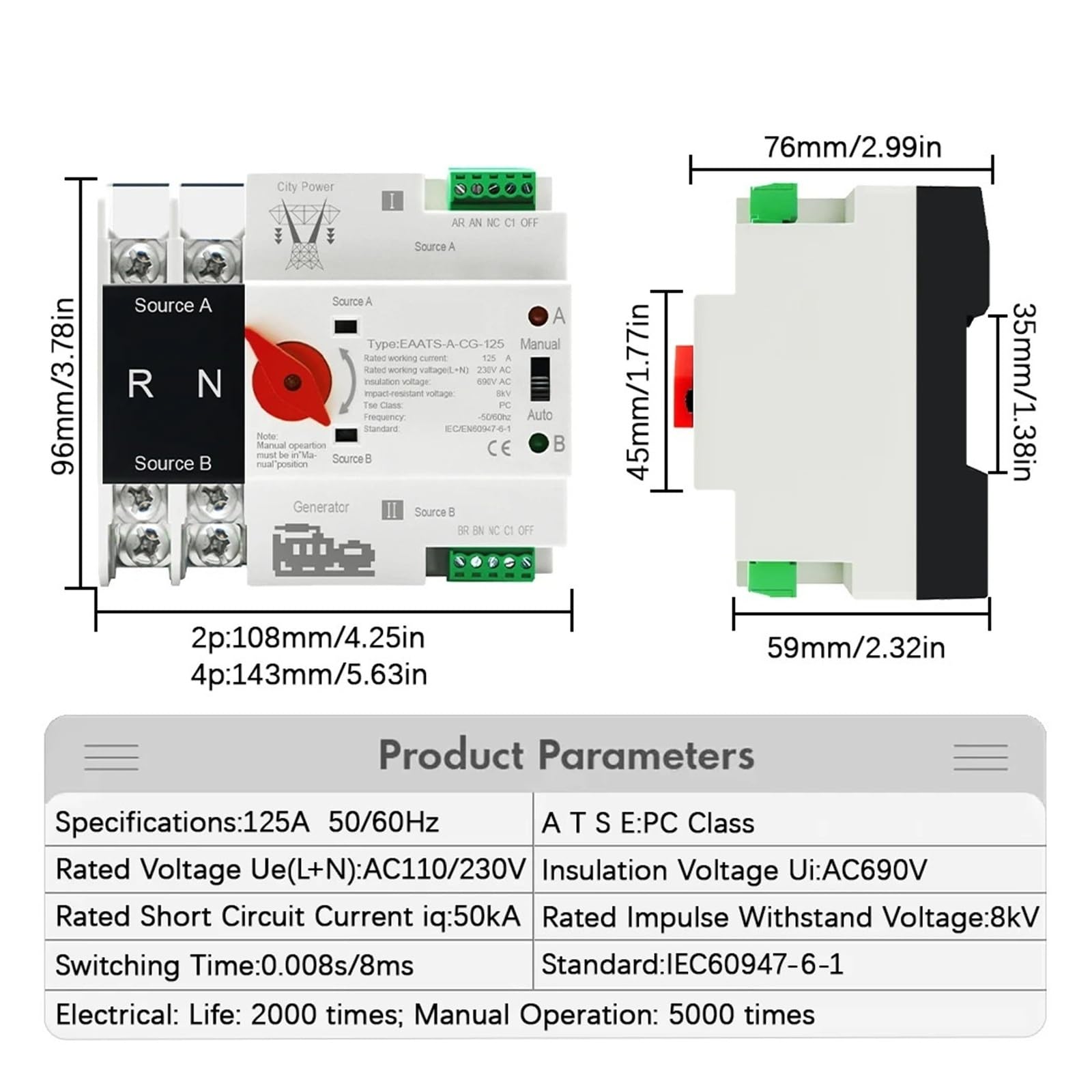 Rail PV 2P 4P 125A AC 230V 110V Dual Power Commutatore di trasferimento automatico Selettori elettrici Alimentazione ininterrotta
