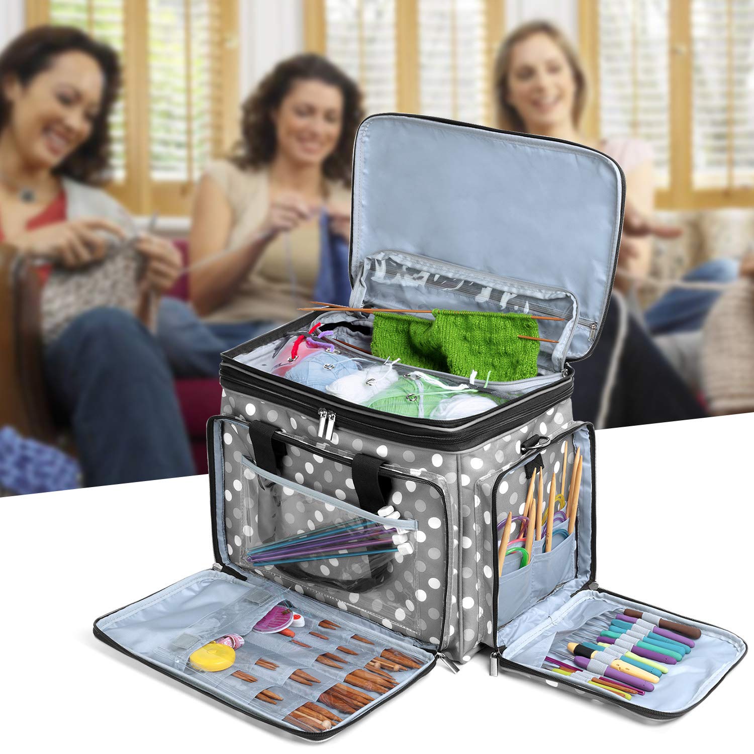 Luxja Borsa per Filati, Maglia e Uncinetto - Porta Uncinetti, Ferri e Altri Accessori - Punti Grigi