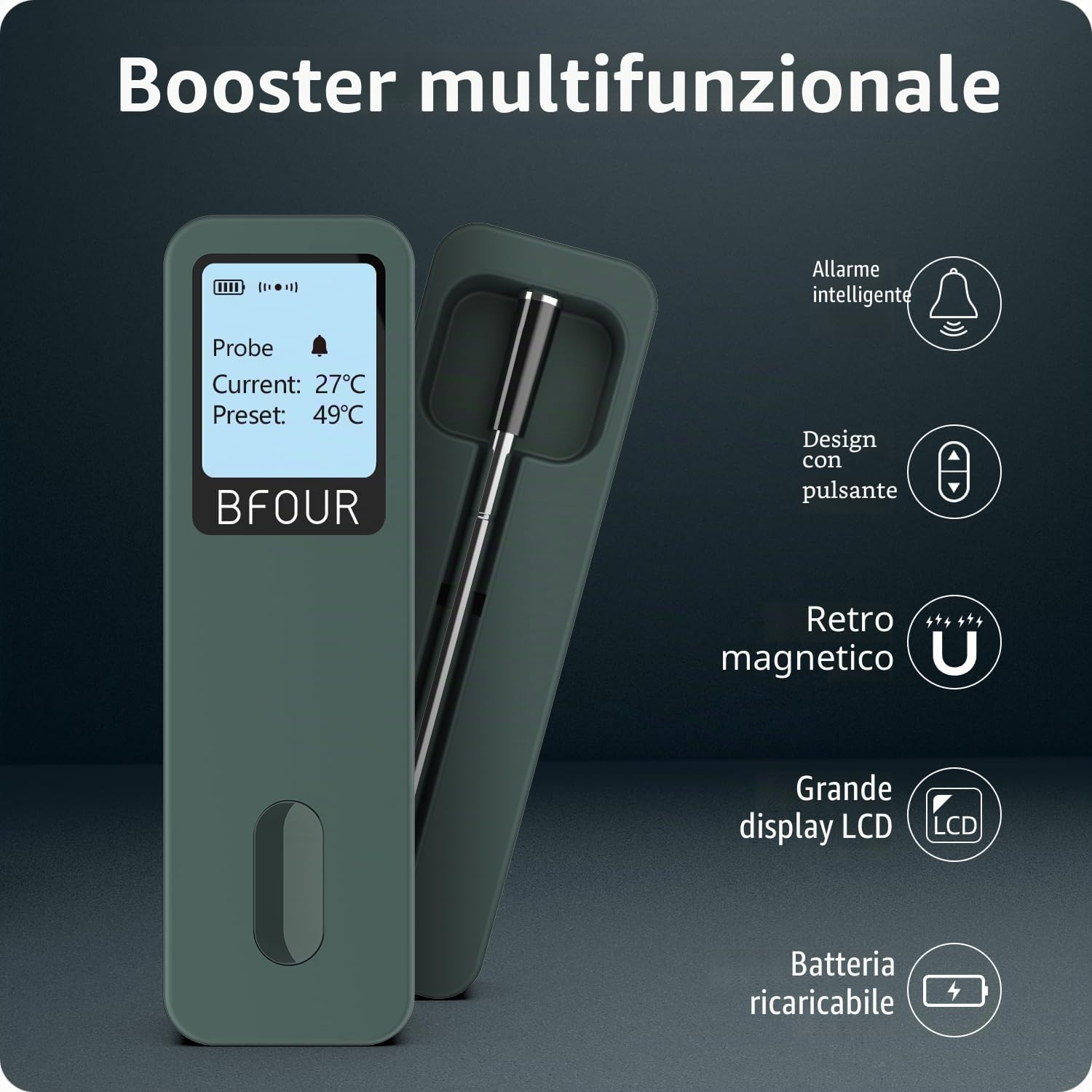 BFOUR Termometro wireless per carne, Bluetooth con app, misuratore di temperatura interna intelligente, grande display, termometro per arrosto IP67, impermeabile, controllo tramite app, per barbecue