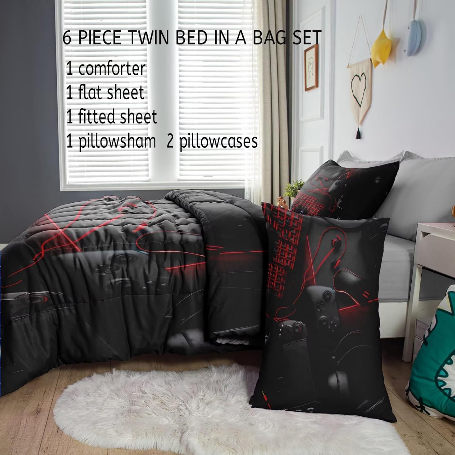 6 Pieces Boys Gamer Bedding Set Twin,Gaming Comforter Sets for Kids Teens Game Bed Set,Boy Bed in a Bag(1 Comforter,1 Flat Sheet,1 Fitted Sheet,2 Pillow Shams,1 Pillowcases) - Image 3