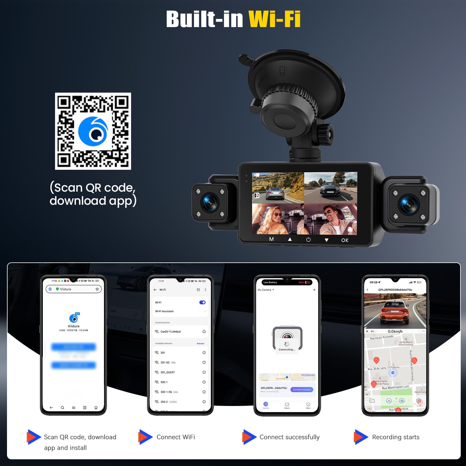 Dashcam 4 Canales Coche con App, 360° Delantera Trasera Interior Izquierda Derecha, Visión Nocturna, Grabación en Bucle, 24H Parking Monitor, Sensor G, Asistencia de Aparcamiento