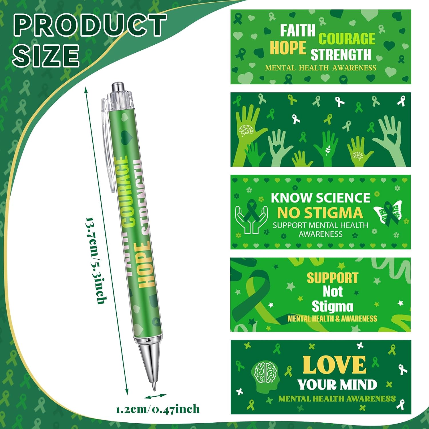 Motiskyy 100 Pcs Mental Health Gift Bulk Pens for Employee Teachers Green Ribbon Inspirational Ballpoint Pens Mental Health Awareness Items Gifts for Employee Teachers Coworkers Home Office Supplies image 2