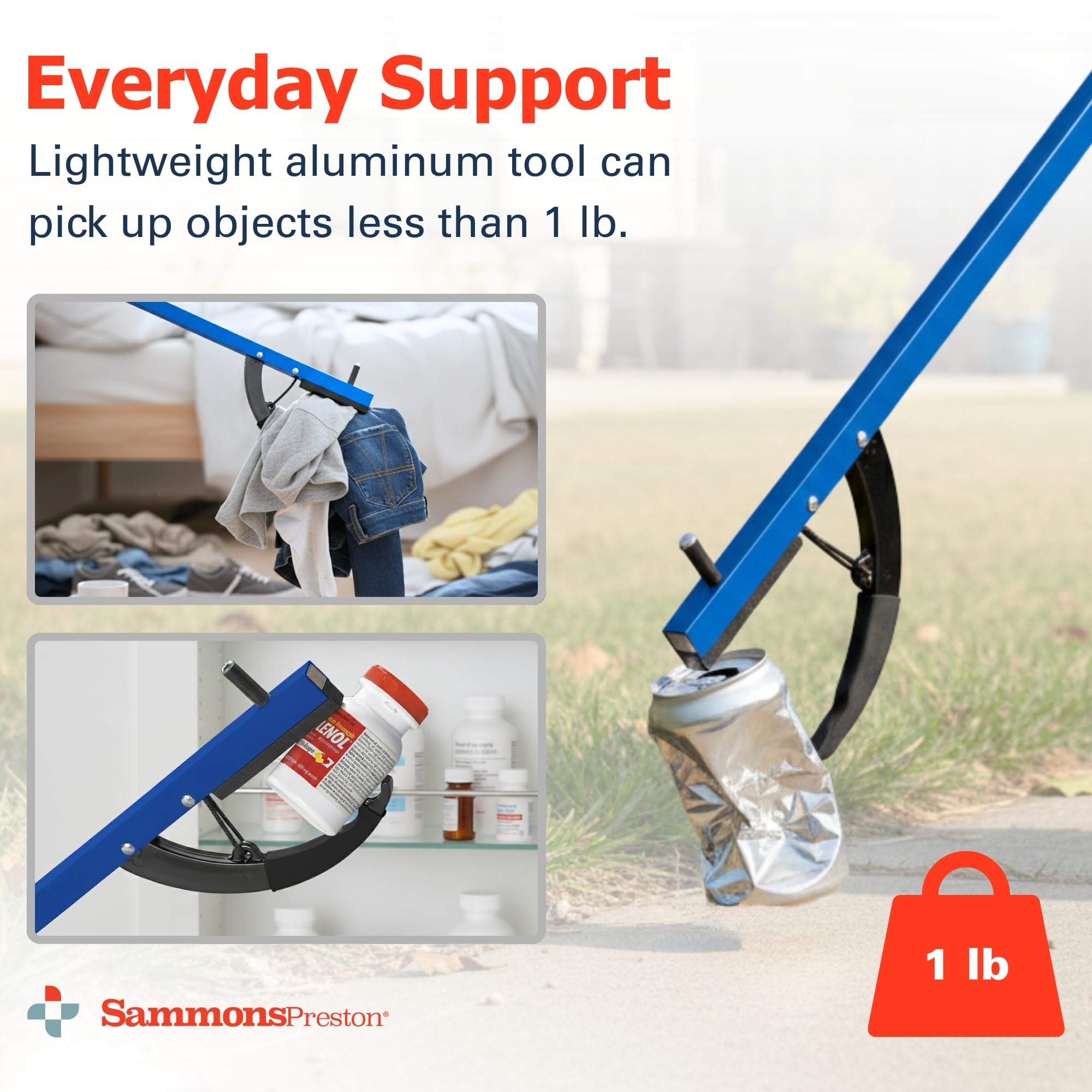 Sammons Preston Reacher, niebieski, 66 cm, narzędzie do chwytania, lekki chwytak do zbierania śmieci i ogrodowy, poręczny aluminiowy pazur do podnoszenia i sięgania, przenośne narzędzie wspomagające