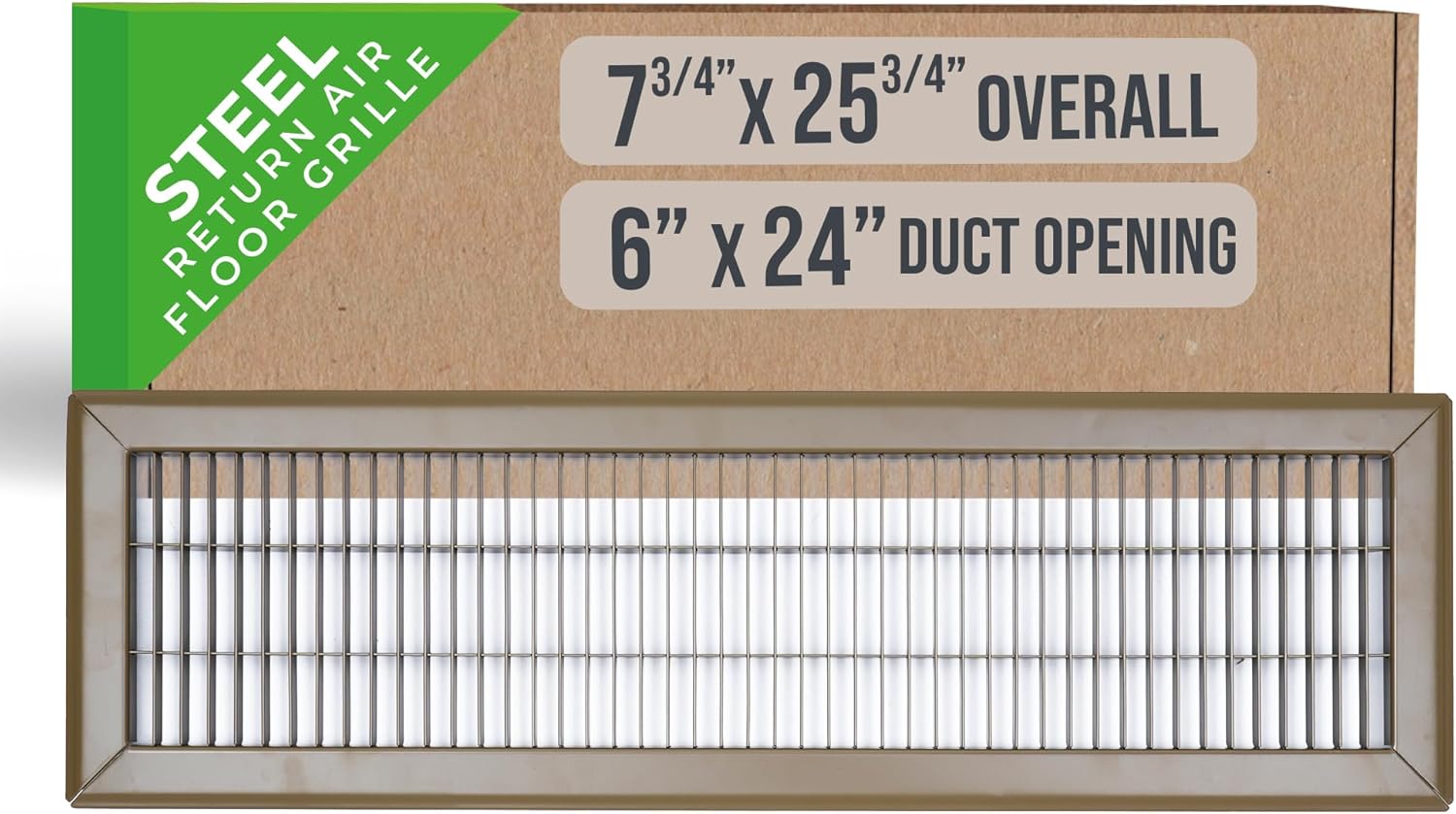 Fits 6x24 and 24x6 Duct Opening | Return Air Floor Grille by Handua | Walkable Vent Cover Grill for Floor | Brown | Heavy Duty Fixed Blades | Outer Dimensions: 7.75"W X 25.75"H