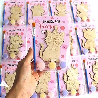 12 Pack Cat Party Favors for Kids - Individually Wrapped Paint Your Own Wooden Magnet Kits, Cute Pink Kitten Themed Party Supplies for Girls