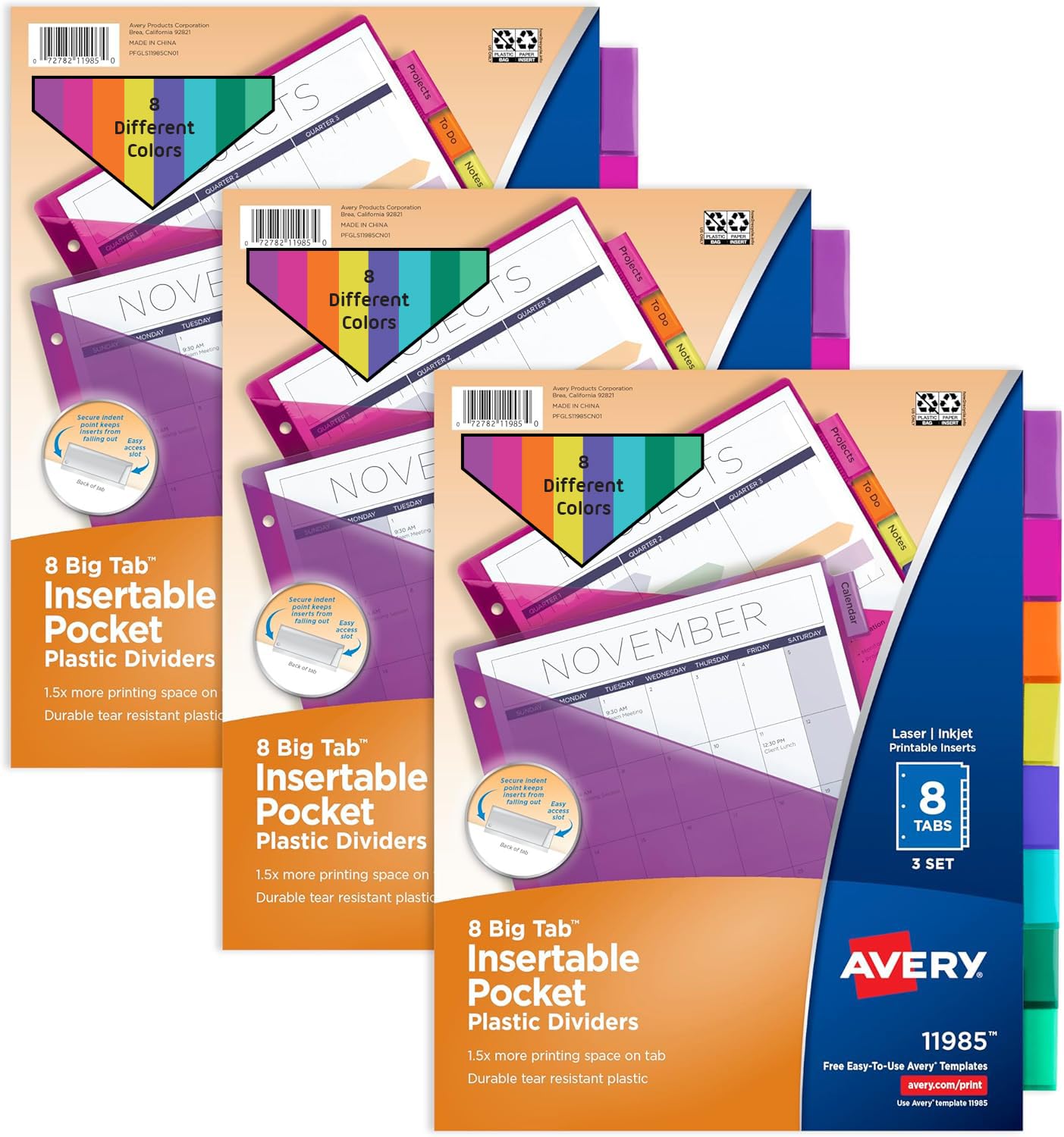 Avery Insertable 8 Tabs Plastic Divider for 3 Ring Binders with Pocket, Works with Sheet Protectors, 3 Sets (8 Colors)