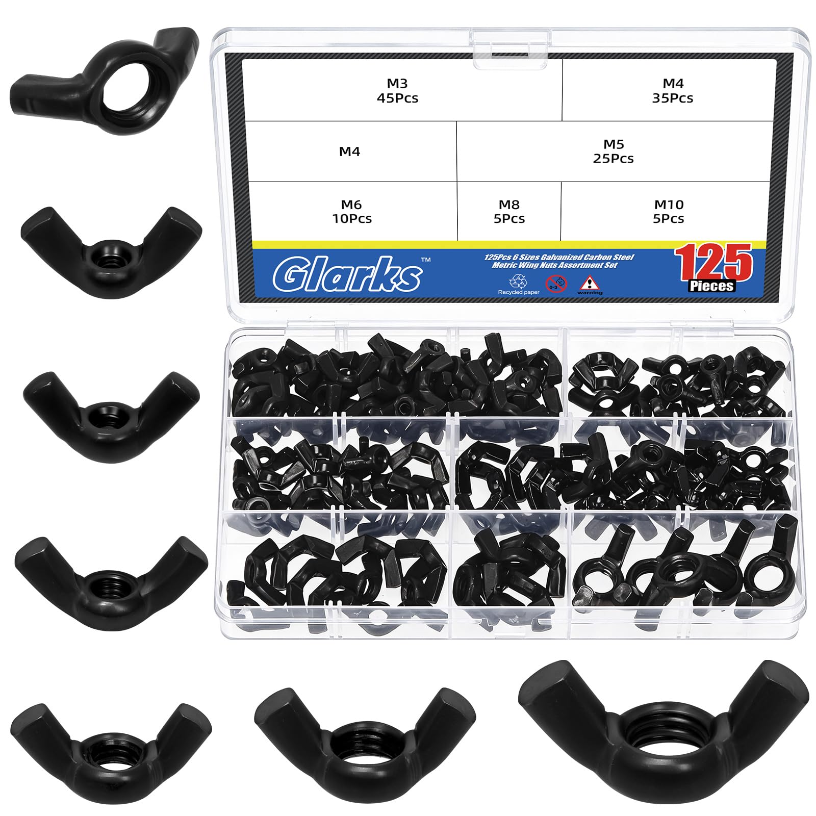 Glarks 125pcs M3/M4/M5/M6/M8/M10 Black Zinc Wing Nuts Assortment Kit, Carbon Steel Butterfly Nuts, Hand Twist Tighten Hardware Nut, Wingnuts Fasteners Parts for Machinery, Manufacture