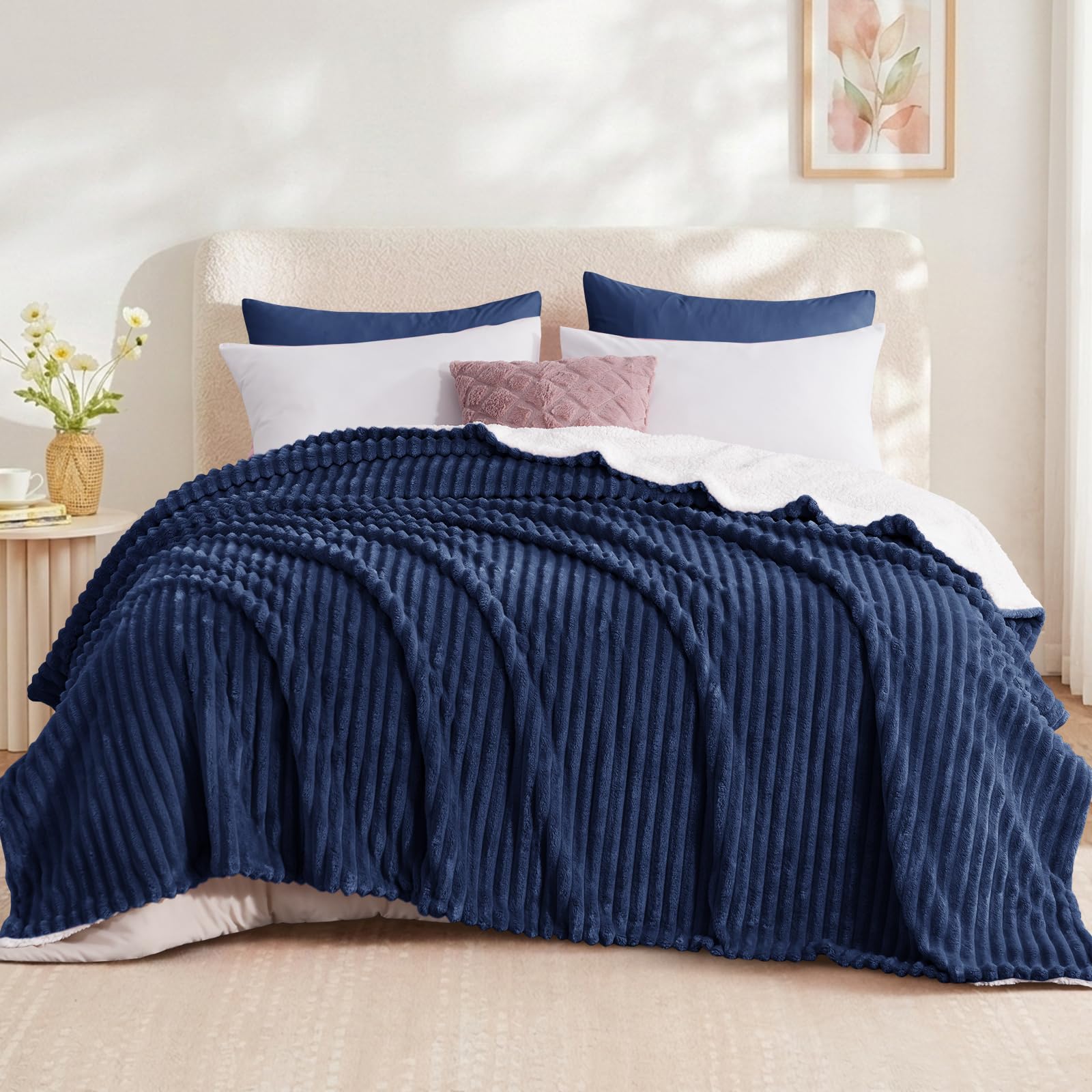 Aisbo Sherpa Fleece Throws for Sofas - Thick Blanket,230x270cm, Navy