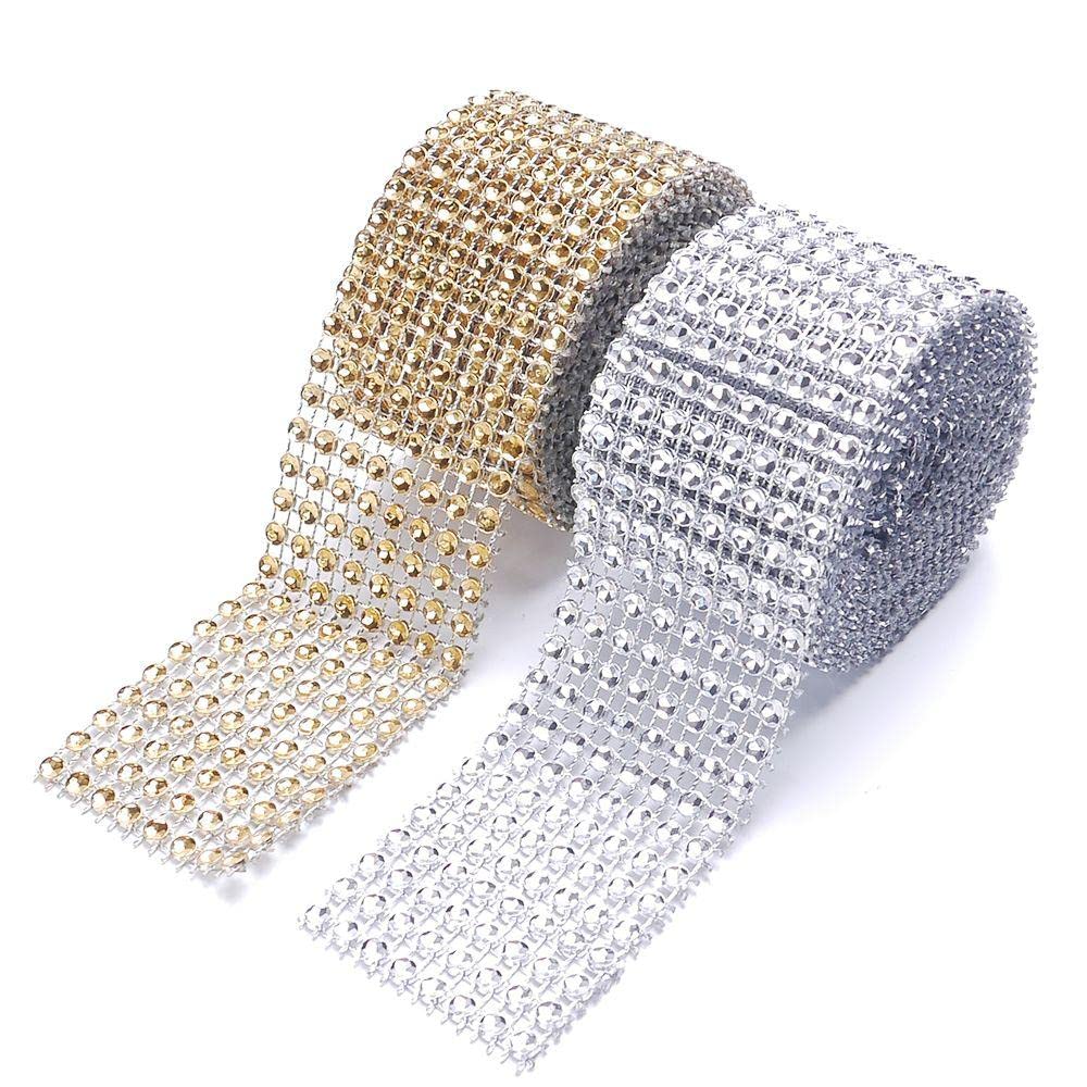 Diamond Mesh Wrap Ribbon 8 Row – Silver and Gold Rhinestone Mesh Roll for DIY Crafts, Wedding Decoration, Cake Wrapping, Party Décor, 2 Meter Each