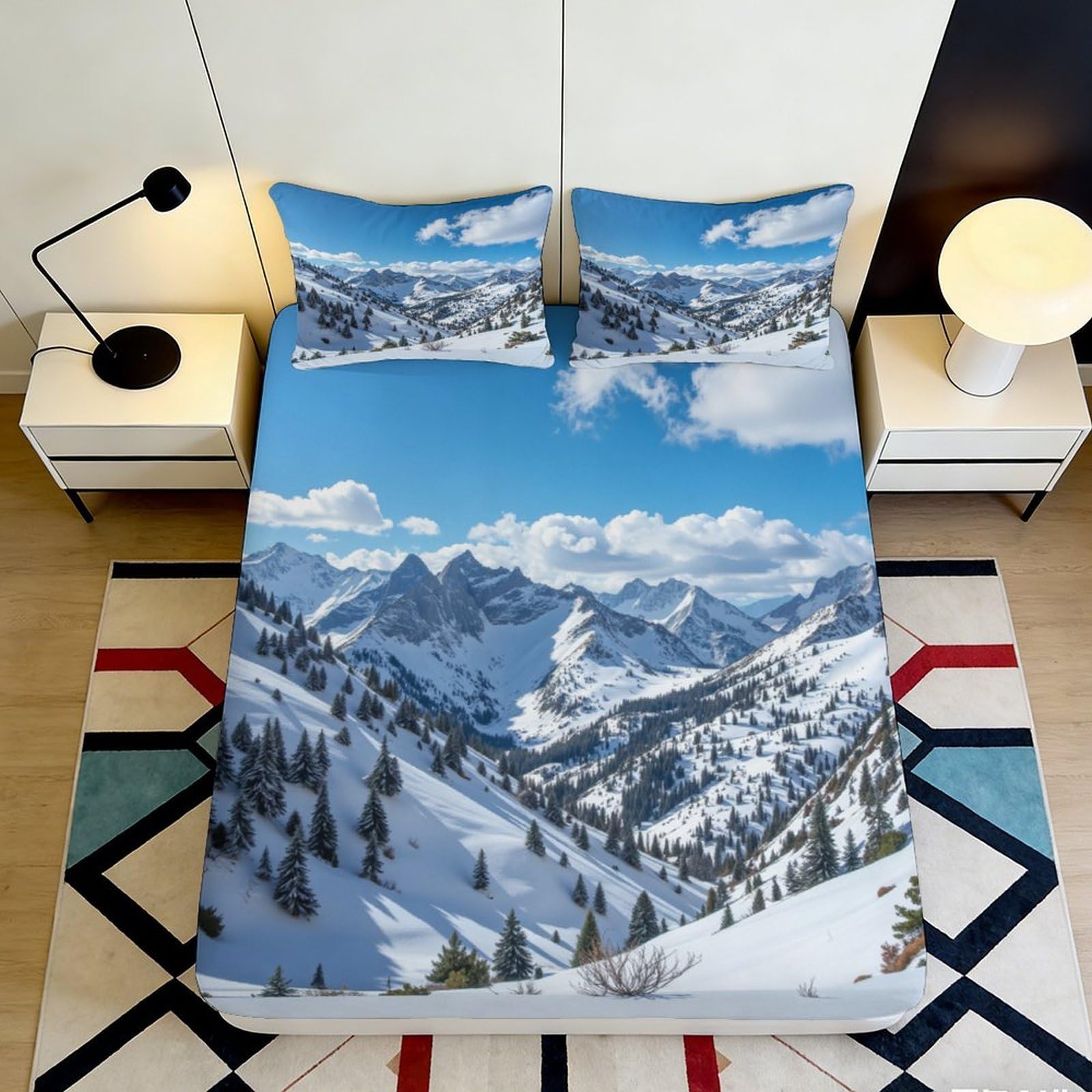 3D Printed Snow Mountain Landscape Fitted Sheet Microfiber Soft Breathable Winter Forest Mattress Cover for Bedroom Dorm Bed Protection Decor 140x200x25cm