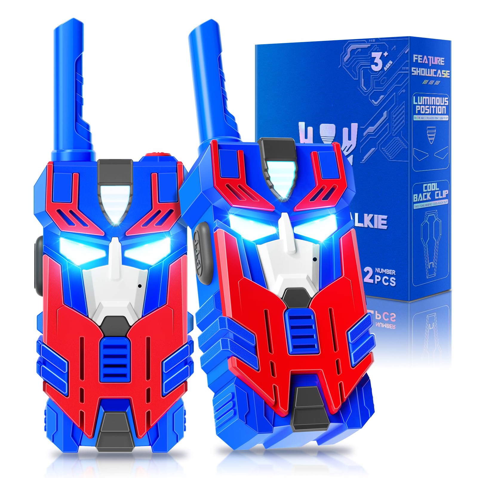 Transform Toys Walkie Talkies para niños, paquete de 2 robot líder azul, rango de 2500 pies, luces de ojos geniales para 3, 4, 5, 6, 7, 8, 9, 10 años, juguetes de campamento al aire libre, regalos de
