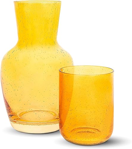 Bruno Magli Jarra ámbar de burbujas Juego de 2 piezas Vaso de vidrio para beber se dobla como una tapa Jarra de agua con taza a juego para