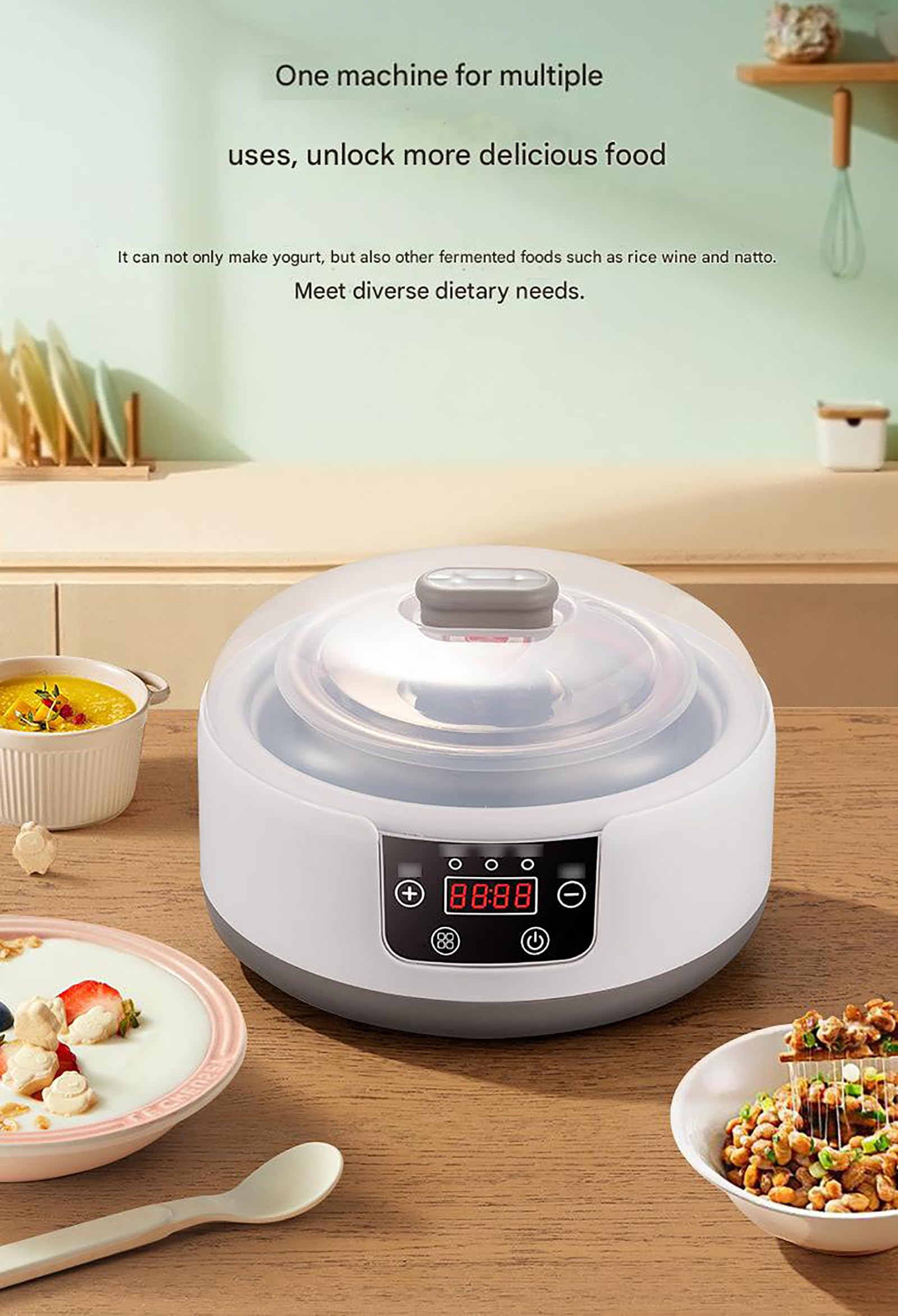 HZFAIGLL Probiotic Yogurt Motor, Constant Temperature Fermentation, Intelligent Timing, 1.2L Multi-Function Electric Yogurt Machine with LCD Display, Yogurt, Rice Wine, Natto