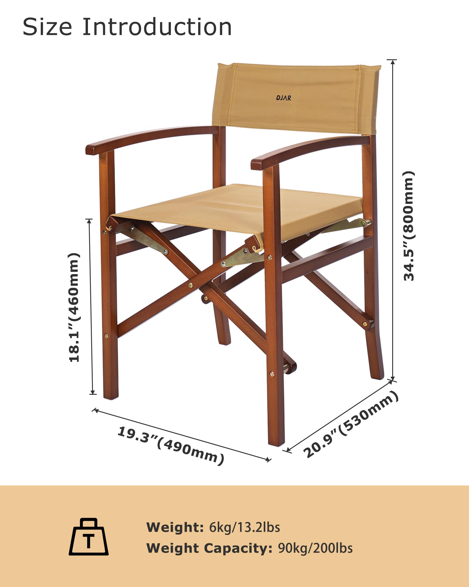 DJAR Silla de director plegable de madera con lona beige extraíble, silla portátil para exteriores, maquillaje y artistas, altura del asiento de 18 pulgadas, soporta 350 libras
