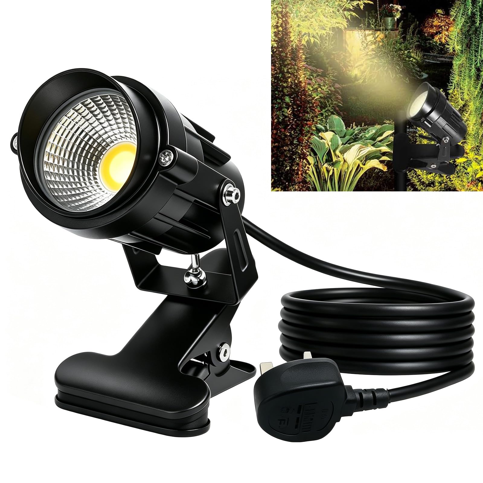 Plug in Spot Lights, LED Clip on Spot Light, Plant Uplighters, 7W, Garden Spotlight Mains Powered, IP65 Waterproof 1.5M Cord, for Indoor/Outdoor Pathway, Deck, Lawn, Patio, Walkway, Warm White