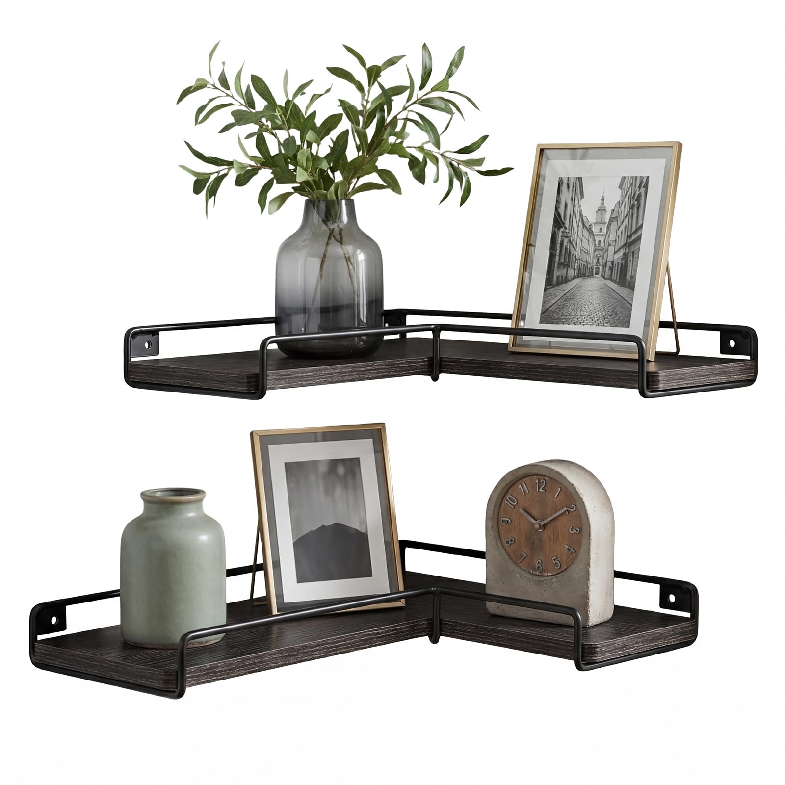 Levede Floating Corner Shelves Wall Mounted, Wooden Floating Shelves Set of 2, L-Shaped Corner Shelf for Living Room Bedroom Kitchen Bathroom, Industrial Style, 40 x 29 x 4 cm, Black