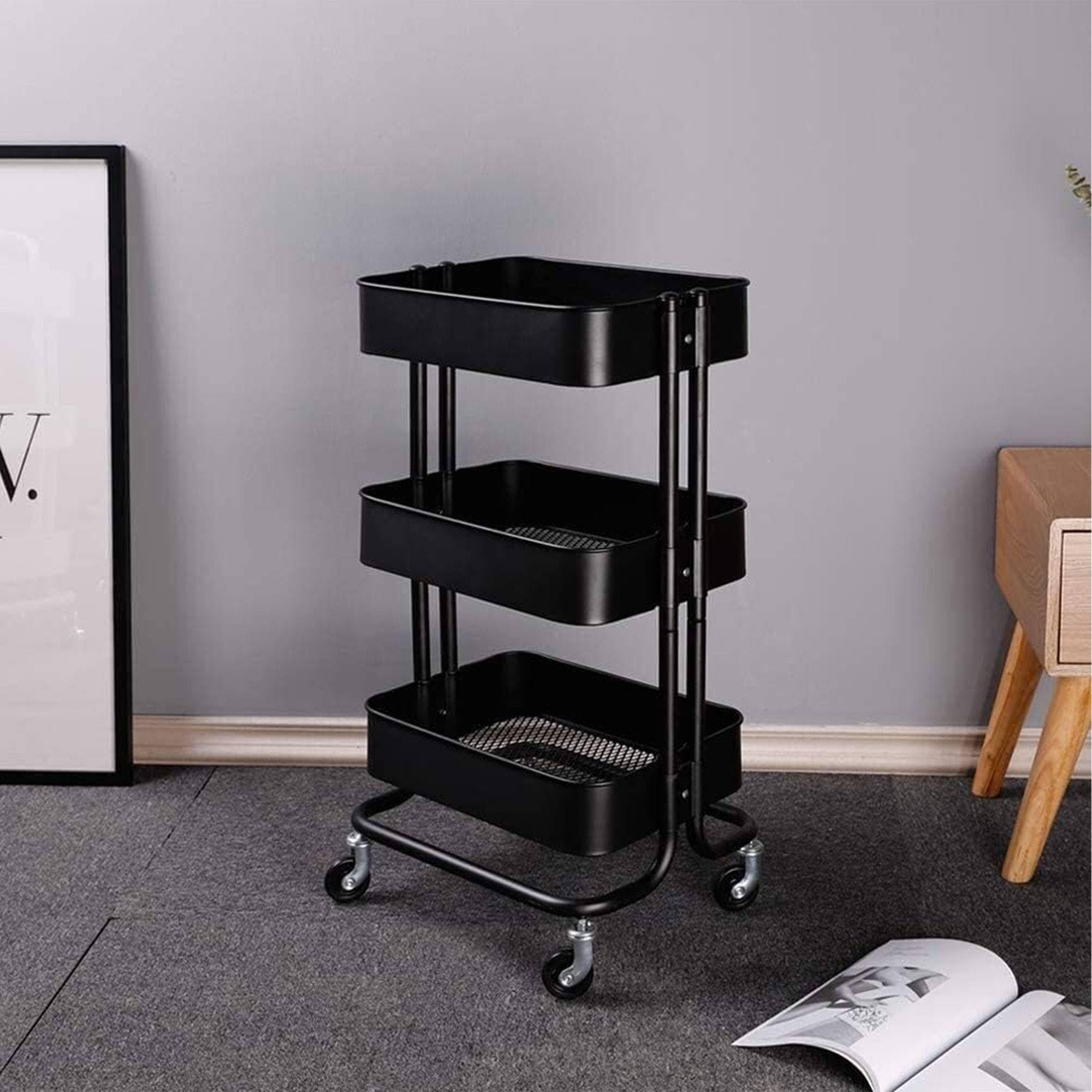 WELL HOME MOBILIARIO & DECORACIÓN Carro de Cocina de Hierro en Negro con Ruedas y 3 cajones