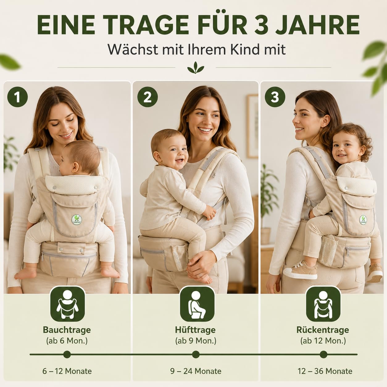 ÖKO Babytrage mit Hüftsitz 3 in 1 aus recycelten Materialien Bauchtrage, Hüfttrage & Rückentrage - atmungsaktiv mit Kapuze, Stauraum, Flaschenhalter für 6-36 Monate bis 3-29 kg