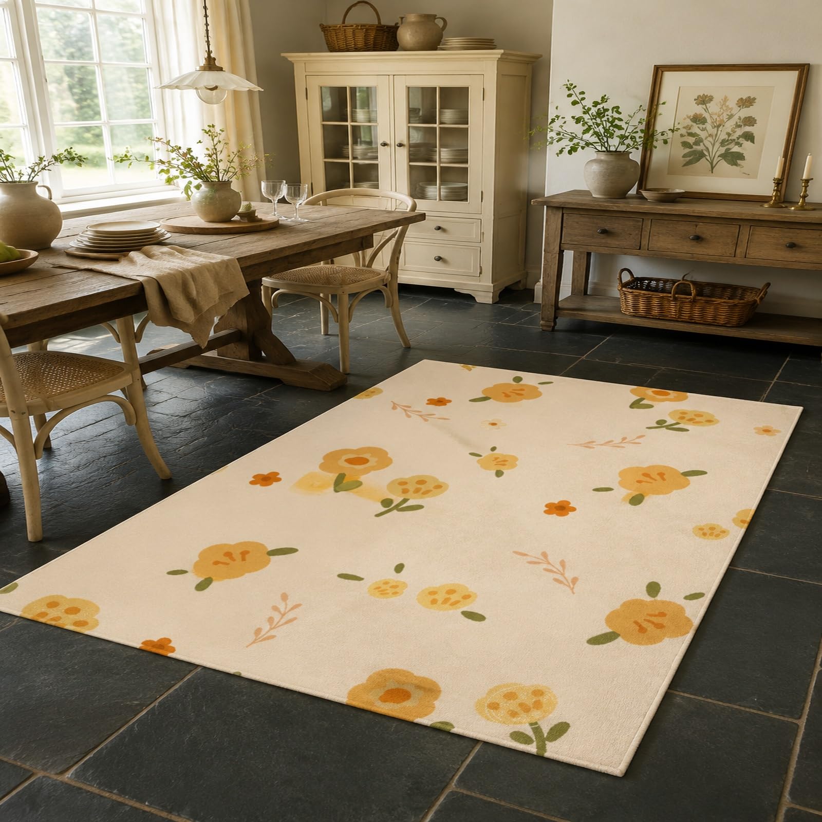 Generico Tappeto, floreale moderna beige giallo arancione verde 170 x 180 cm, Tappeti Lavabile Salotto Soggiorno Camera da Letto, Rugs Living Room