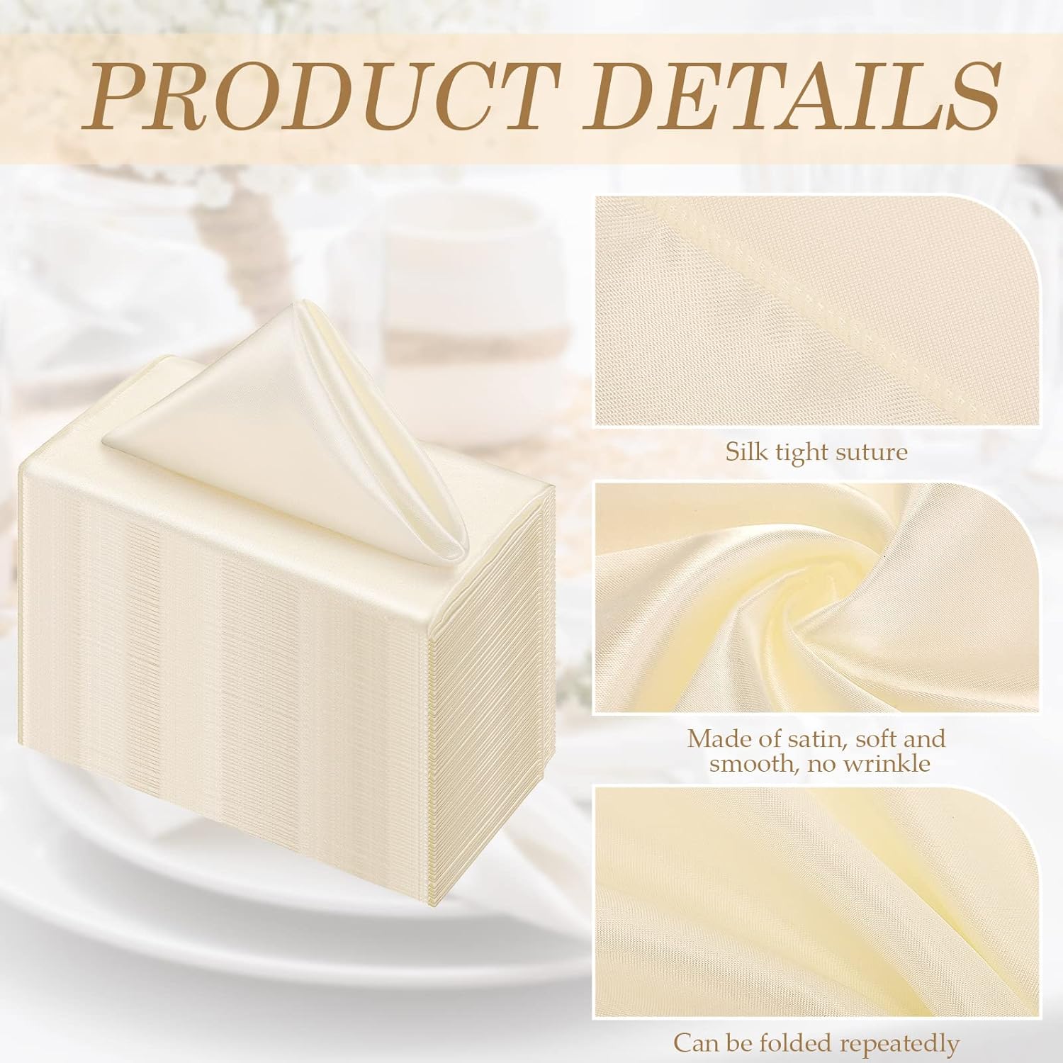 Tatuo 50 Sets Satin Cloth Napkins and Rings Set of 50 17 x 17 Inch Smooth Table Square Cocktail Napkins Holder Bulk for Christmas Wedding Party Supplies(Ivory)