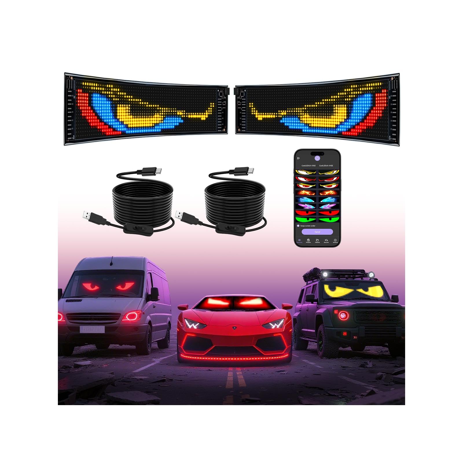 Multifunctional Bright 2PCS Devil Eyes Cars SUVs & Trucks Windshield - 19in x 5in [2026 Tech Two Screen Synchronization Chips] Flexible Programmable LED Eyes for Car