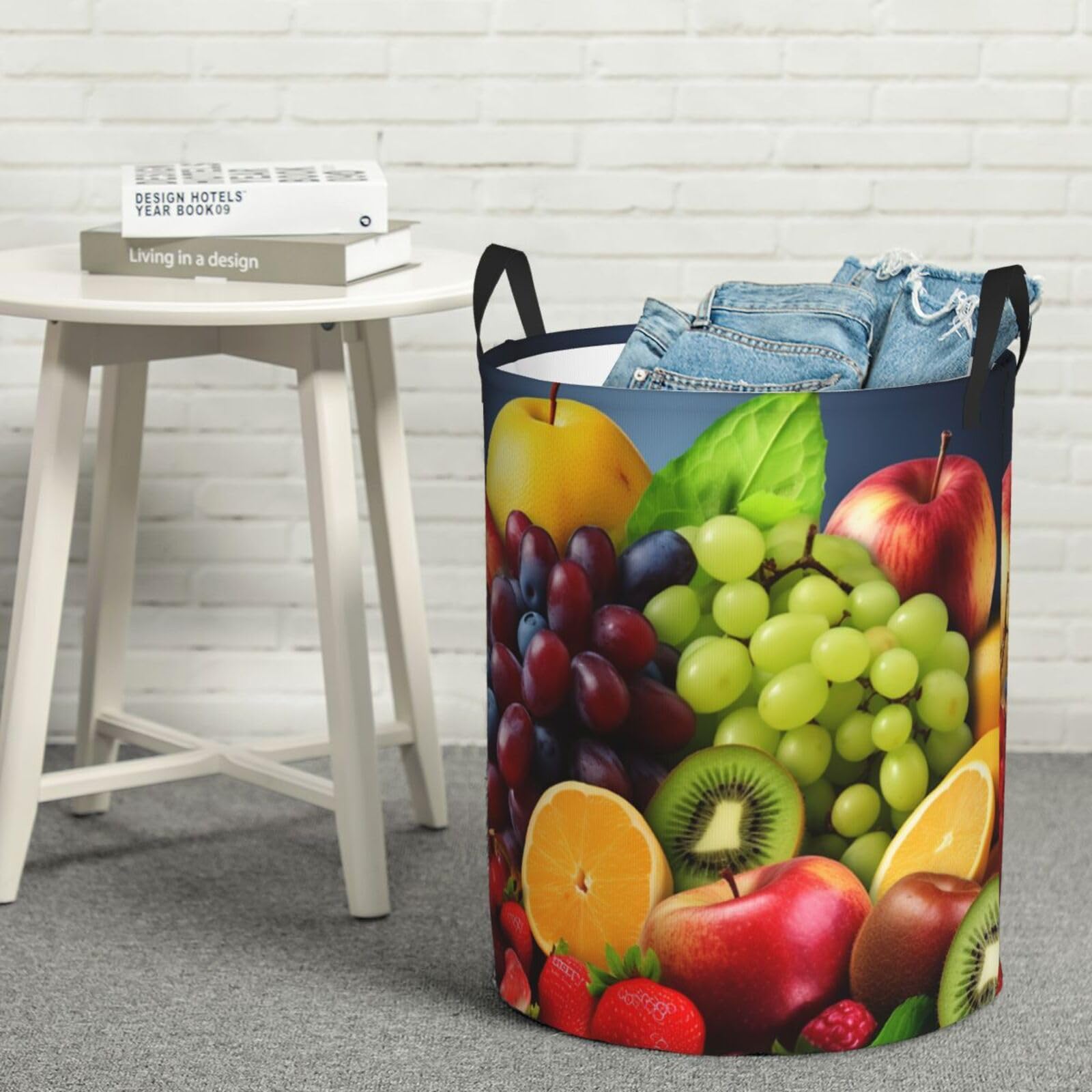 Fodpand Black Fruits Laundry Basket With Handle, Freestanding Laundry Hamper, Collapsible Dirty Clothes Hamper, Waterproof Fabric Blanket Storage Basket Tall Toy Storage Bin Room Decor Medium