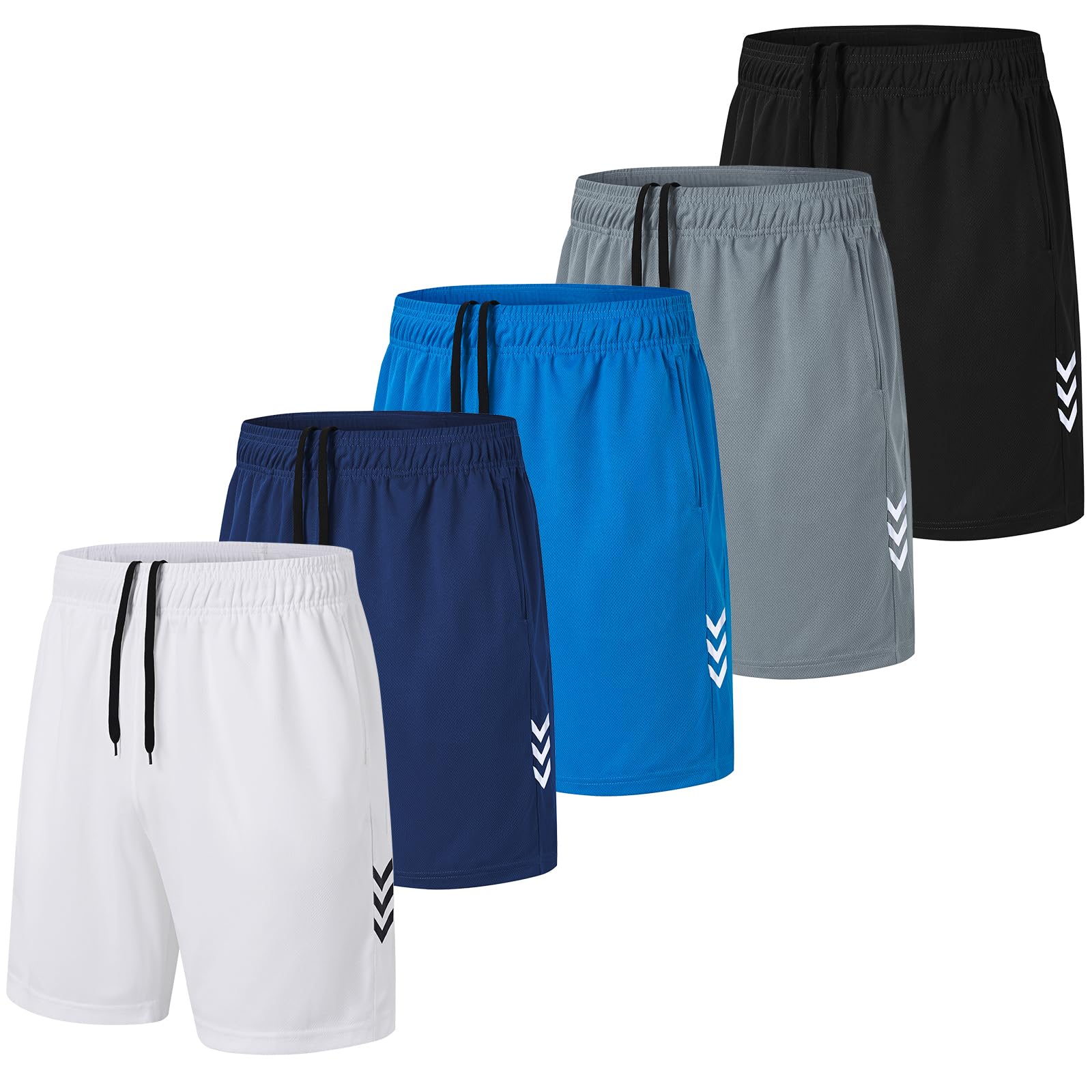 kuzwufs Sport Shorts für Herren Lauf Gym Hose Kurze Dry Fit Fitness Lauf Hose Kurze 5er Pack Polyester Workout Adult Shorts mit Elastischem Bund Schwarz/Grau/Navy/Weiß/Blau-M