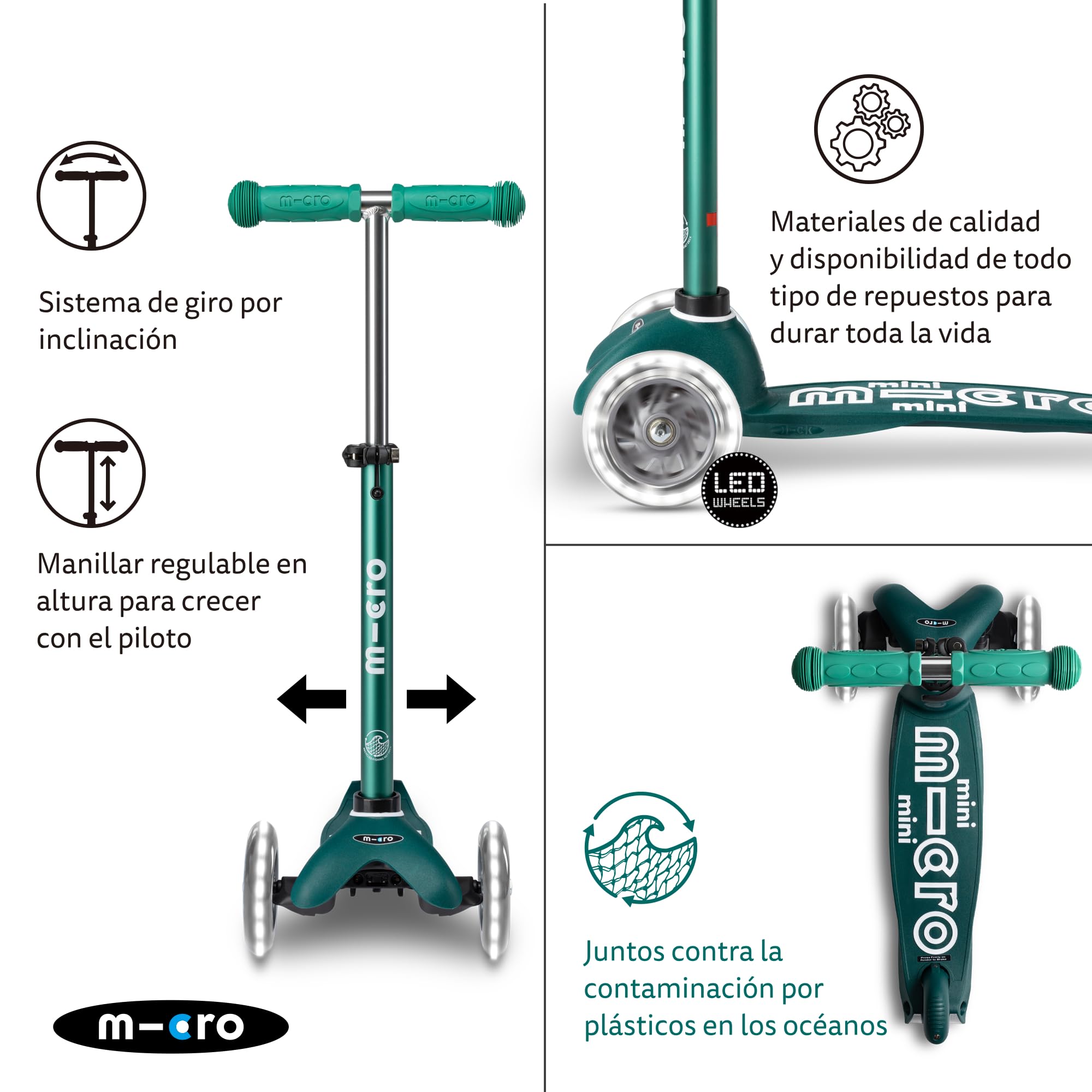 Micro® | Mini Deluxe Eco Patinete 3 Ruedas Niños | Fabricado con Materiales reciclados | Altura Regulable | Sistema de Giro por inclinación | 2-5 Años