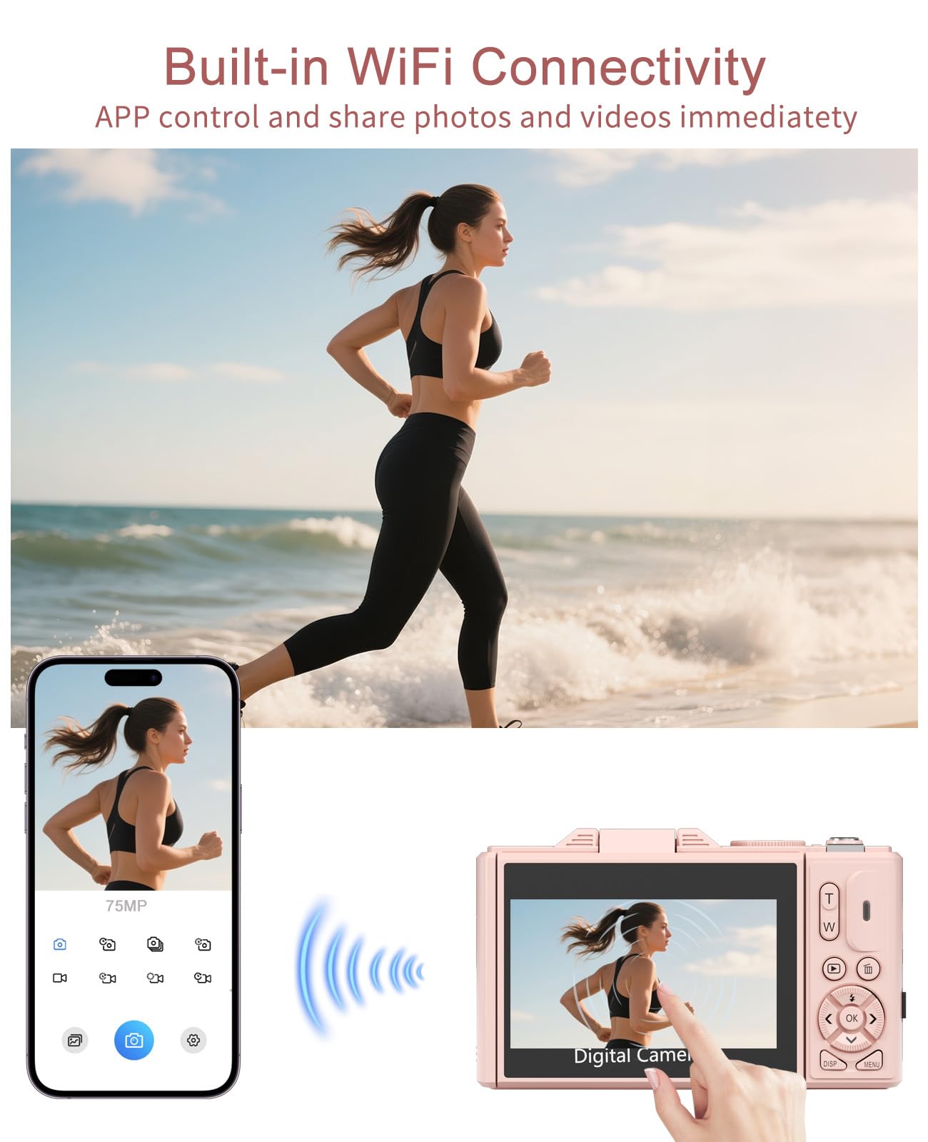 FLATIC Digital Camera, 5K 75MP Cameras for Photography with WiFi & 64GB TF Card, Autofoucs Vlogging Camera for YouTube with 180° Flip Screen, Compact Vlog Travel Camera Kit for Beginner, Teens, Pink