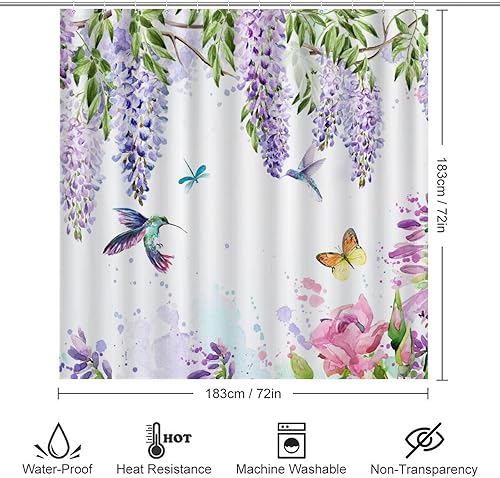 Miniatura 2 de Juego de 4 cortinas de ducha de colibríes florales de acuarela, 4 piezas, abstracta moderna flor morada, vid, mariposa, libélula juegos de