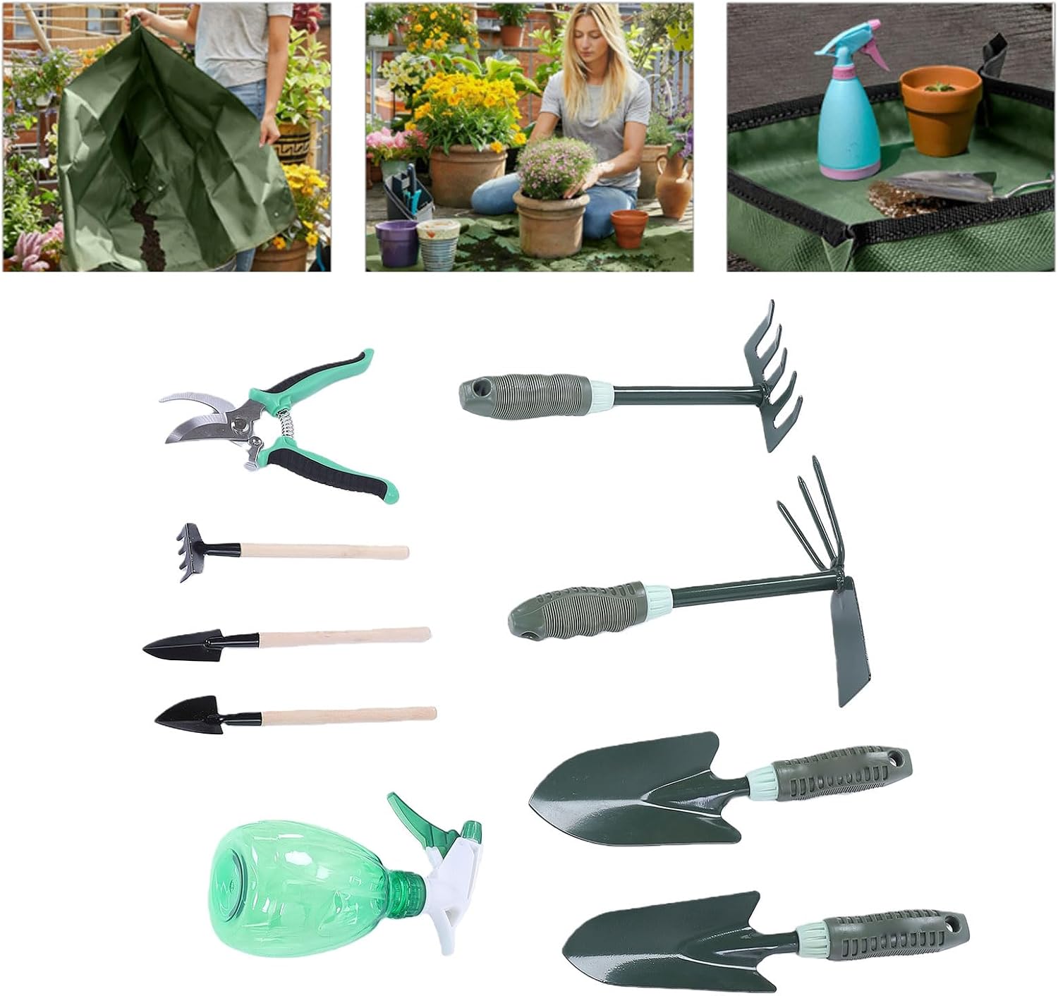 Hilitand Gardening Tool Set, 9 Pieces Heavy Duty Hand Tools with Fashion and Durable Garden Tools Organizer Handbag,Watertight Apron and Matfor Gardening, Weeding