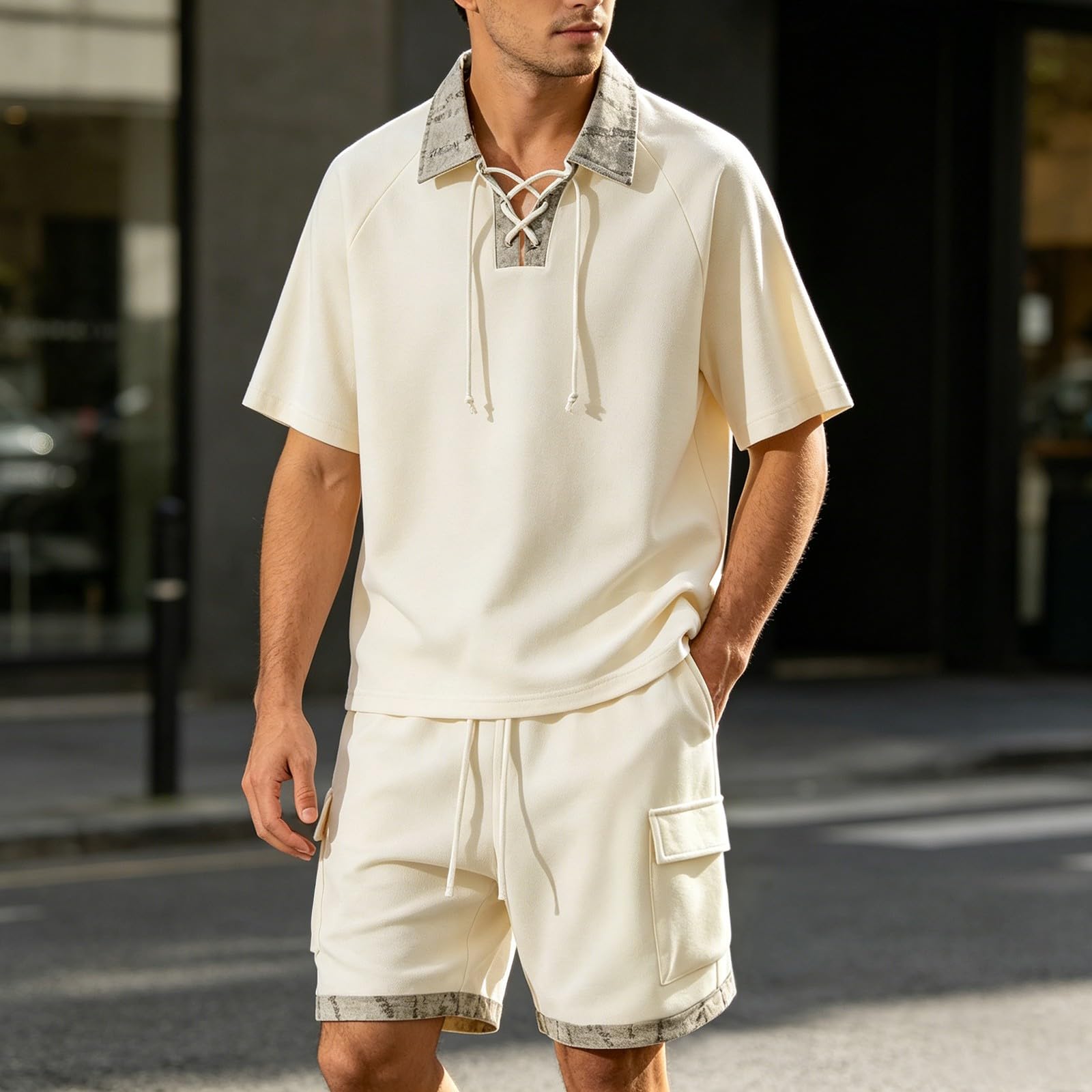 Set da uomo con polo e pantaloncini, tuta da jogging in due pezzi, con coulisse, risvolto, tuta da allenamento, per attività all'aperto, tempo libero, abbigliamento sportivo