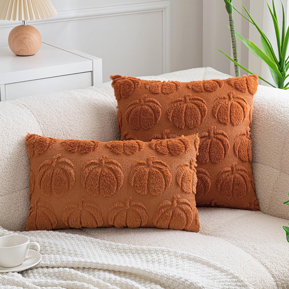 Plancholo Fall Pumpkin Decorative Throw Pillow Covers Set of 2 Soft Plush Faux Fur Wool Pillowcases for Sofa Couch (Caramel, 18x18 Inch)